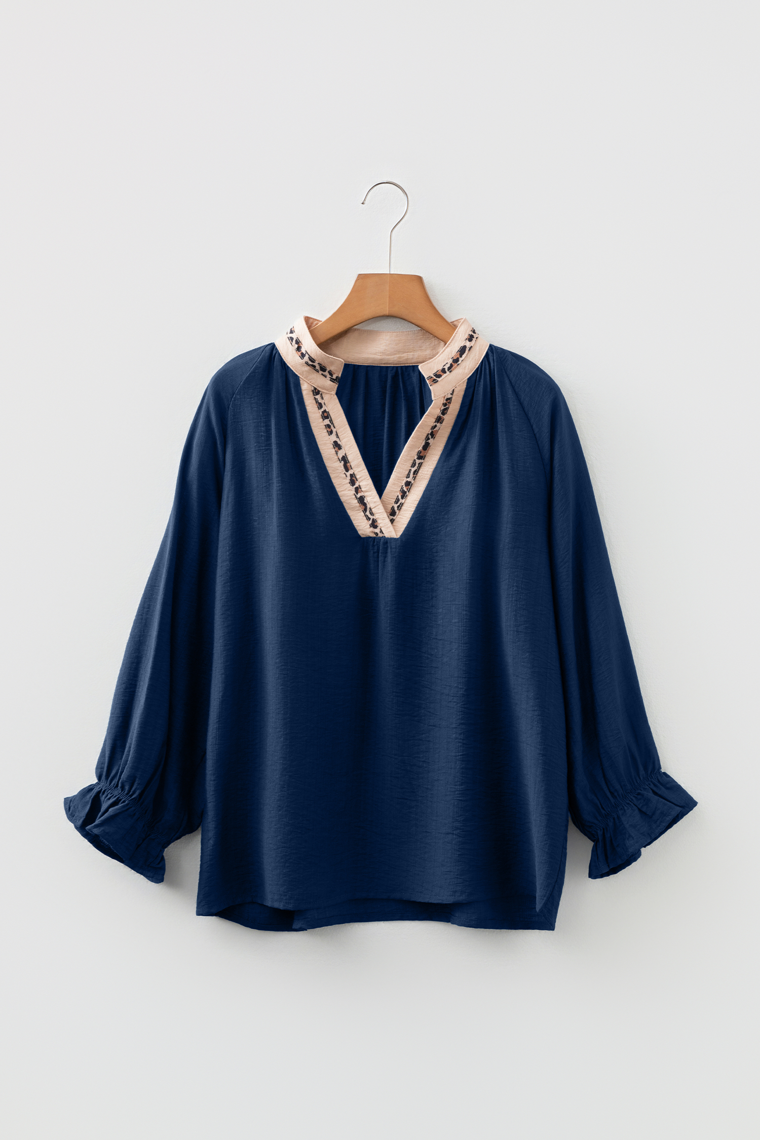 Dirty blue Leopard Trim V Neck Flounced Bracelet Sleeve Blouse - loveforevers