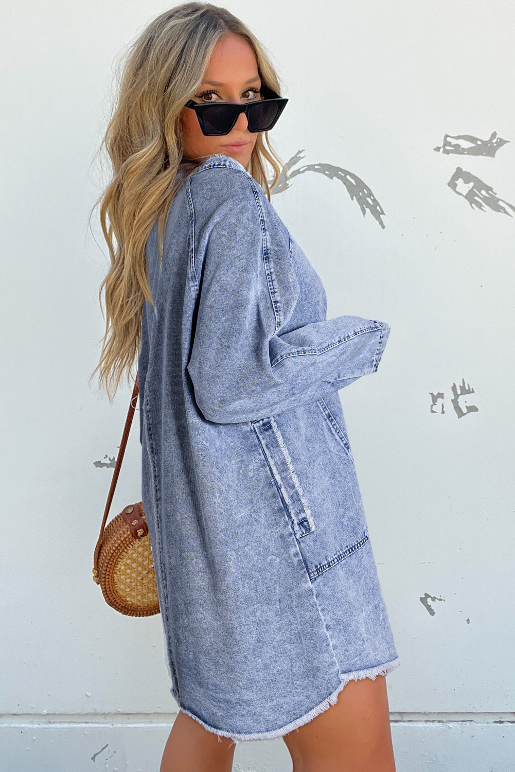 Beau Blue Mineral Wash Long Sleeve Button Up Raw Hem Pocketed Denim Dress - loveforevers