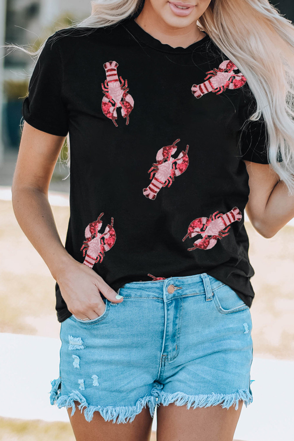 Black Sequined Crayfish Round Neck Graphic Tee - loveforevers