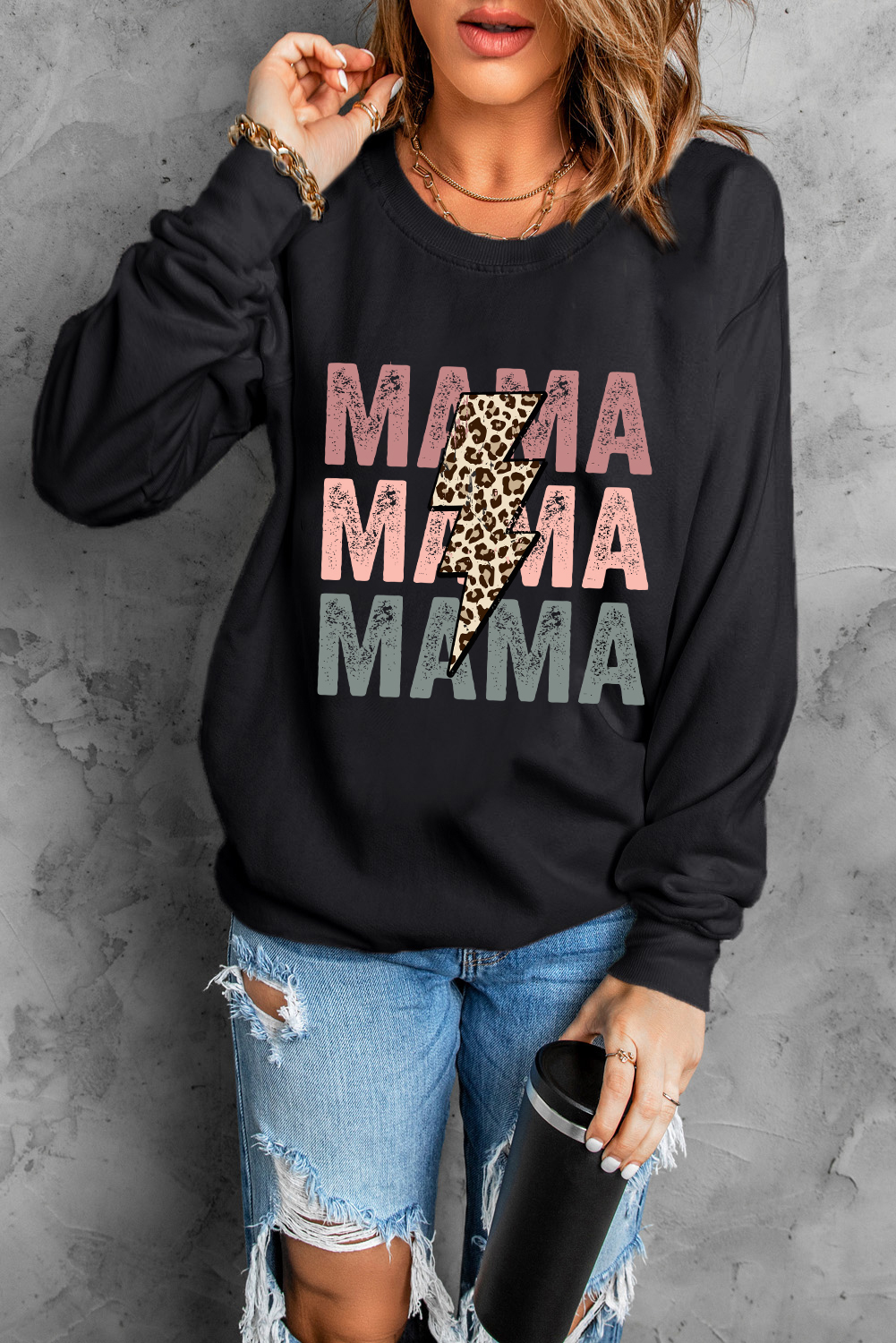 Black Leopard Lightning MAMA Graphic Pullover Sweatshirt - loveforevers