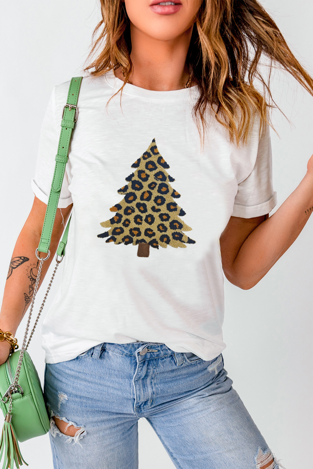 White Leopard Plush Christmas Tree Patched Graphic Tee - loveforevers
