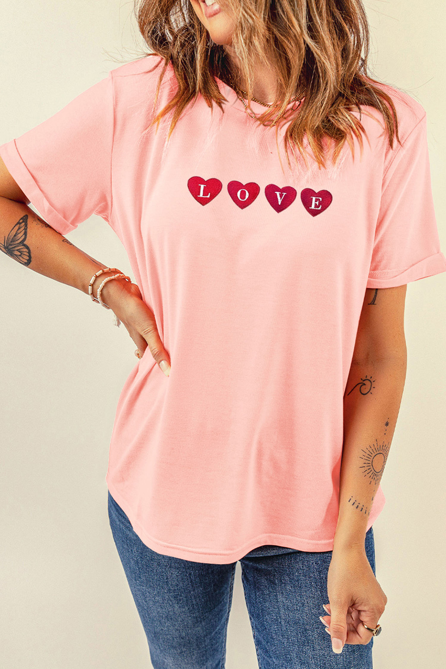 Pink LOVE In Hearts Embroidered Graphic Tee - loveforevers