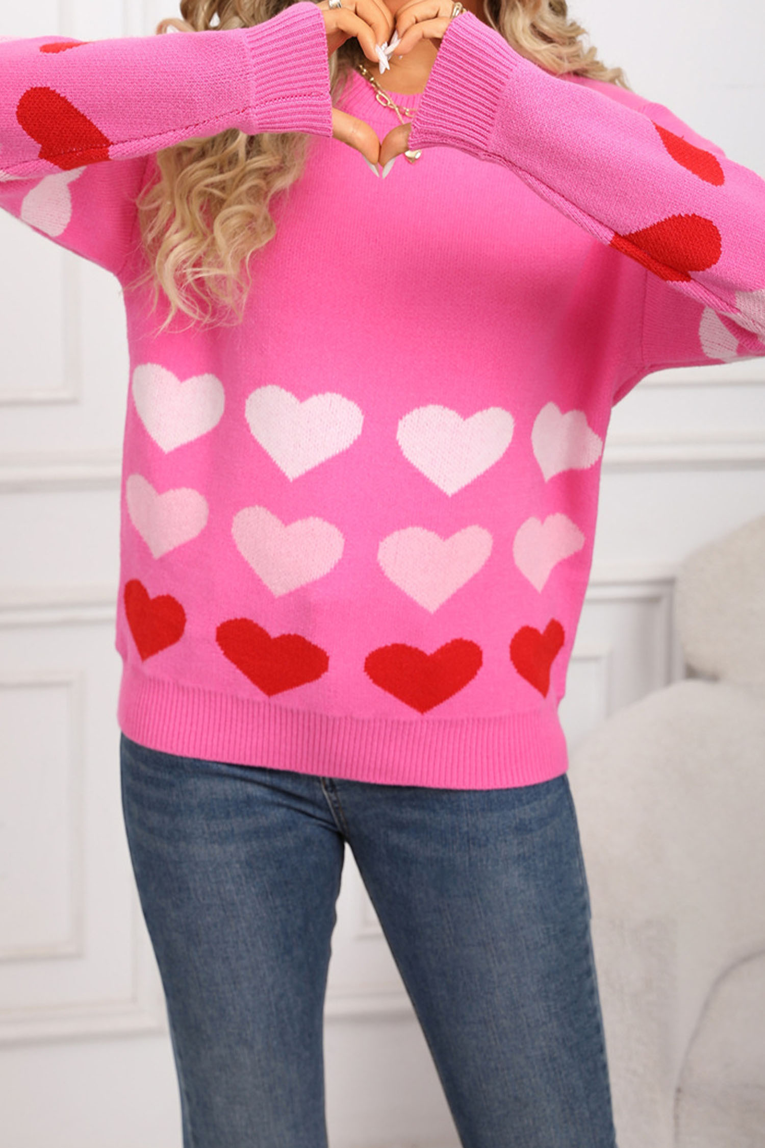 Rose Red Drop Shoulder Romantic Heart Pattern Sweater - loveforevers