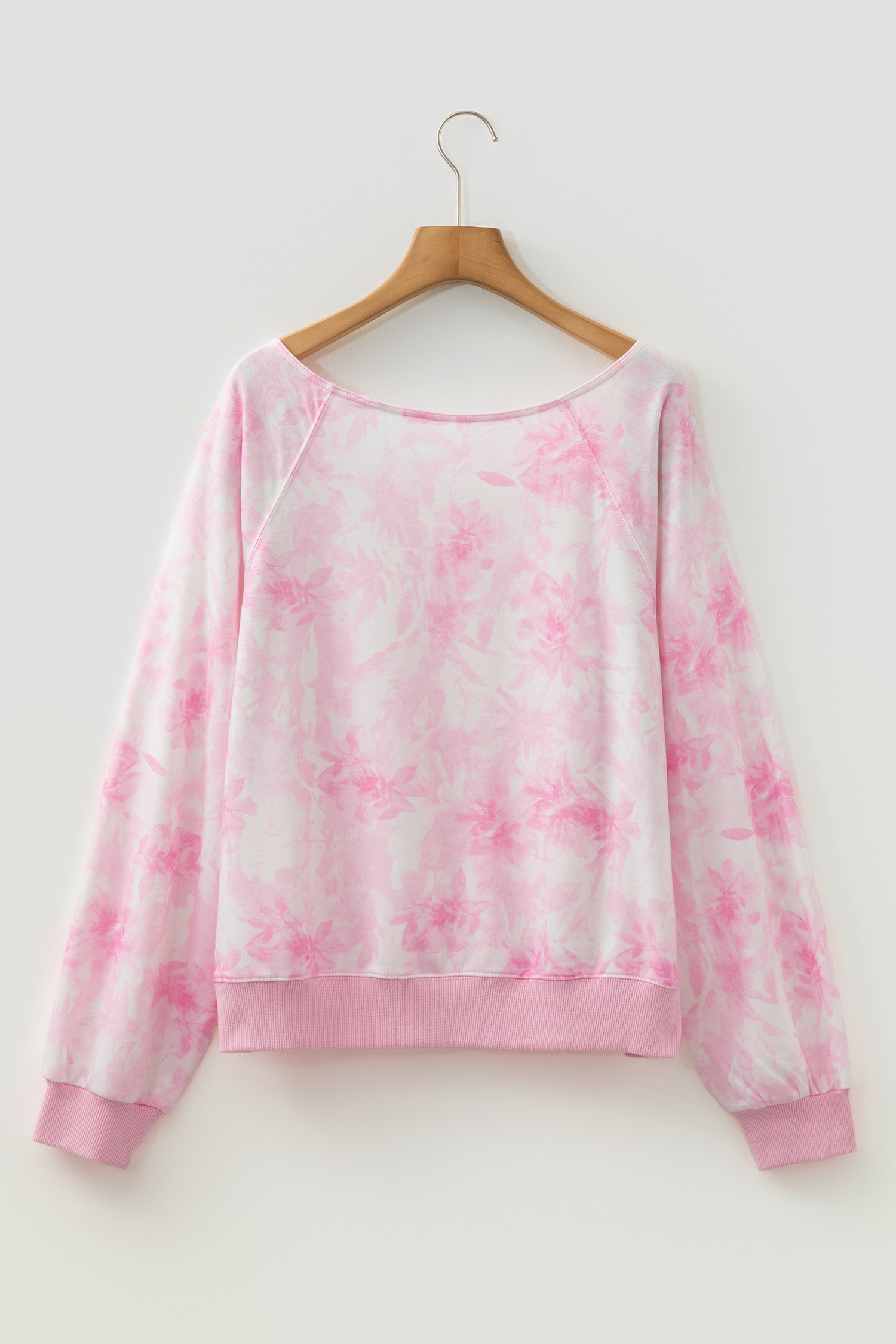 Pink Abstract Woodland Print Asymmetric Shoulder Long Sleeve Top - loveforevers