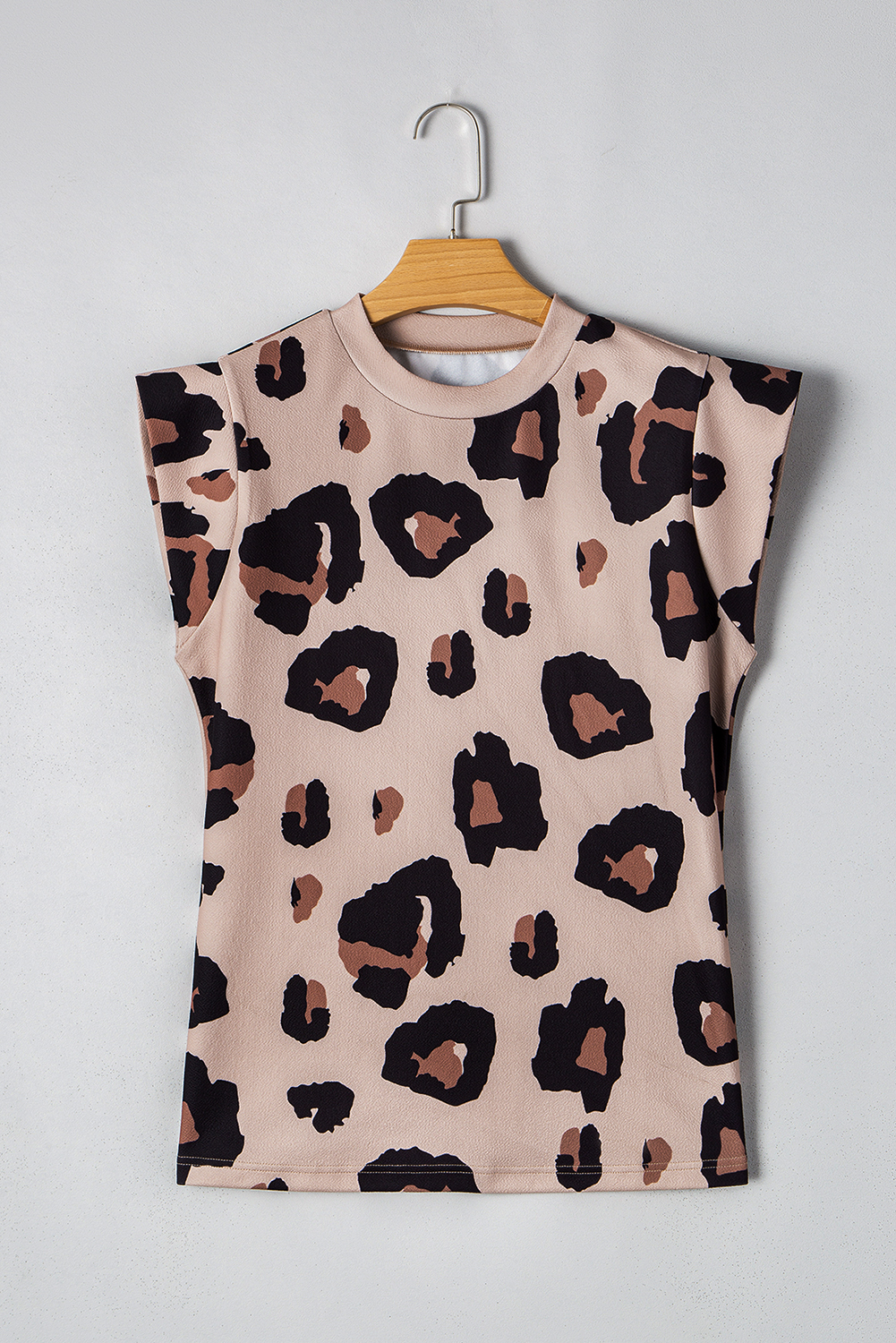 Khaki Leopard Crew Neck Cap Sleeve Casual Tee - loveforevers