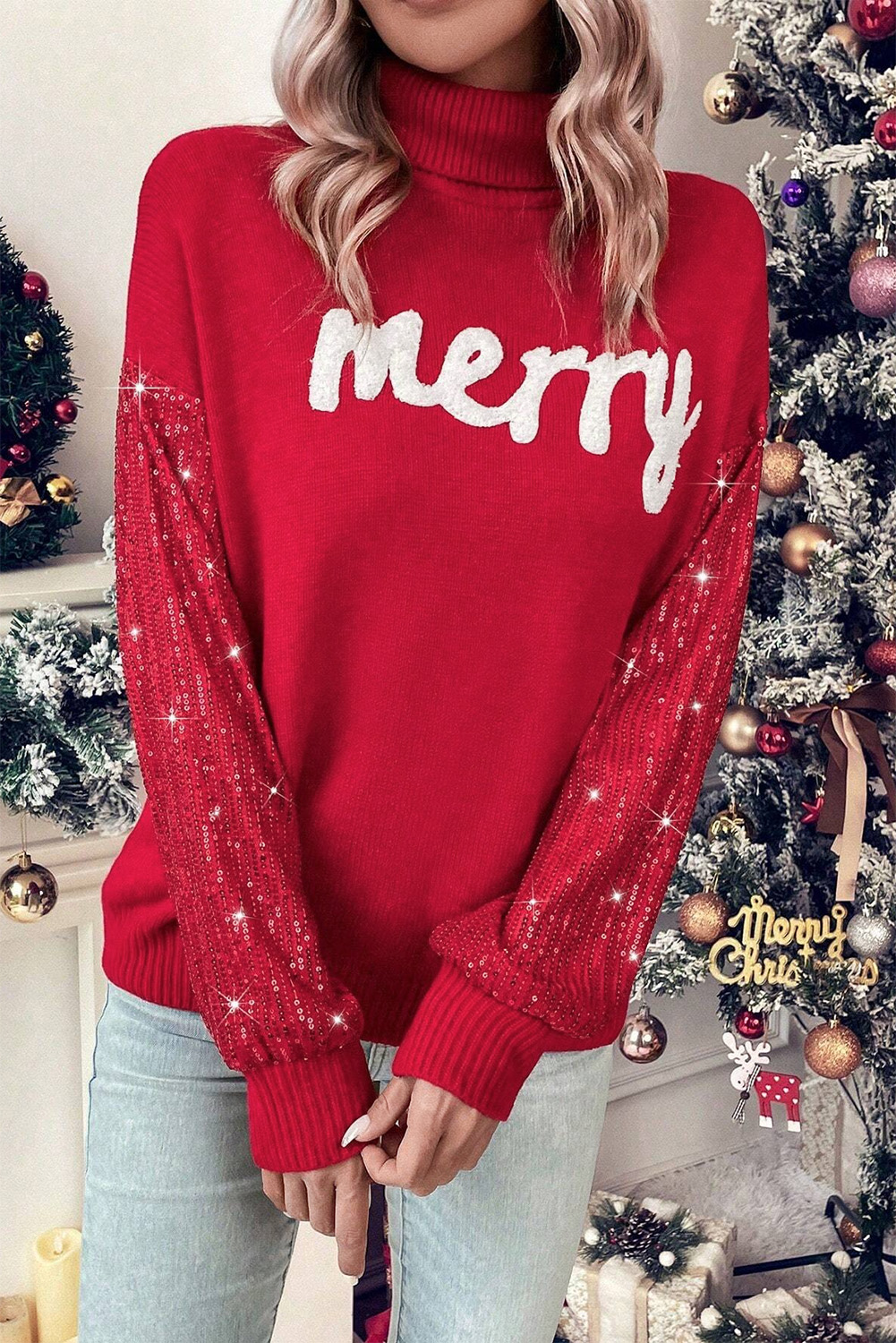 Fiery Red Merry Letter Embroidered High Neck Sweater - loveforevers