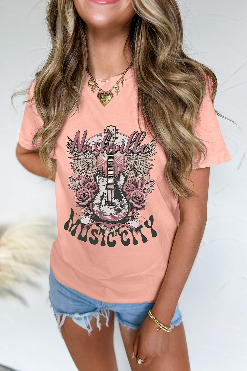 Pink Nashville MUSIC CITY Guitar Graphic Crewneck Tee - loveforevers