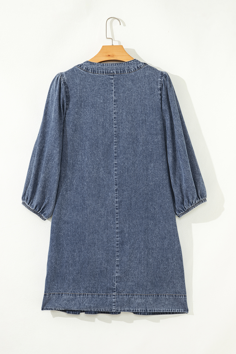 Sail Blue 3/4 Sleeve Tied V Neck Pleated Denim Mini Dress - loveforevers