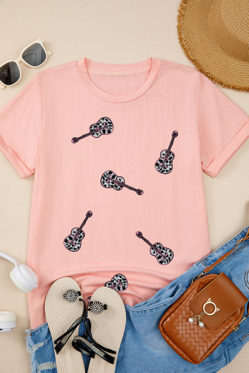 Pink Leopard Guitar Sequin Patch Crew Neck Tee - loveforevers