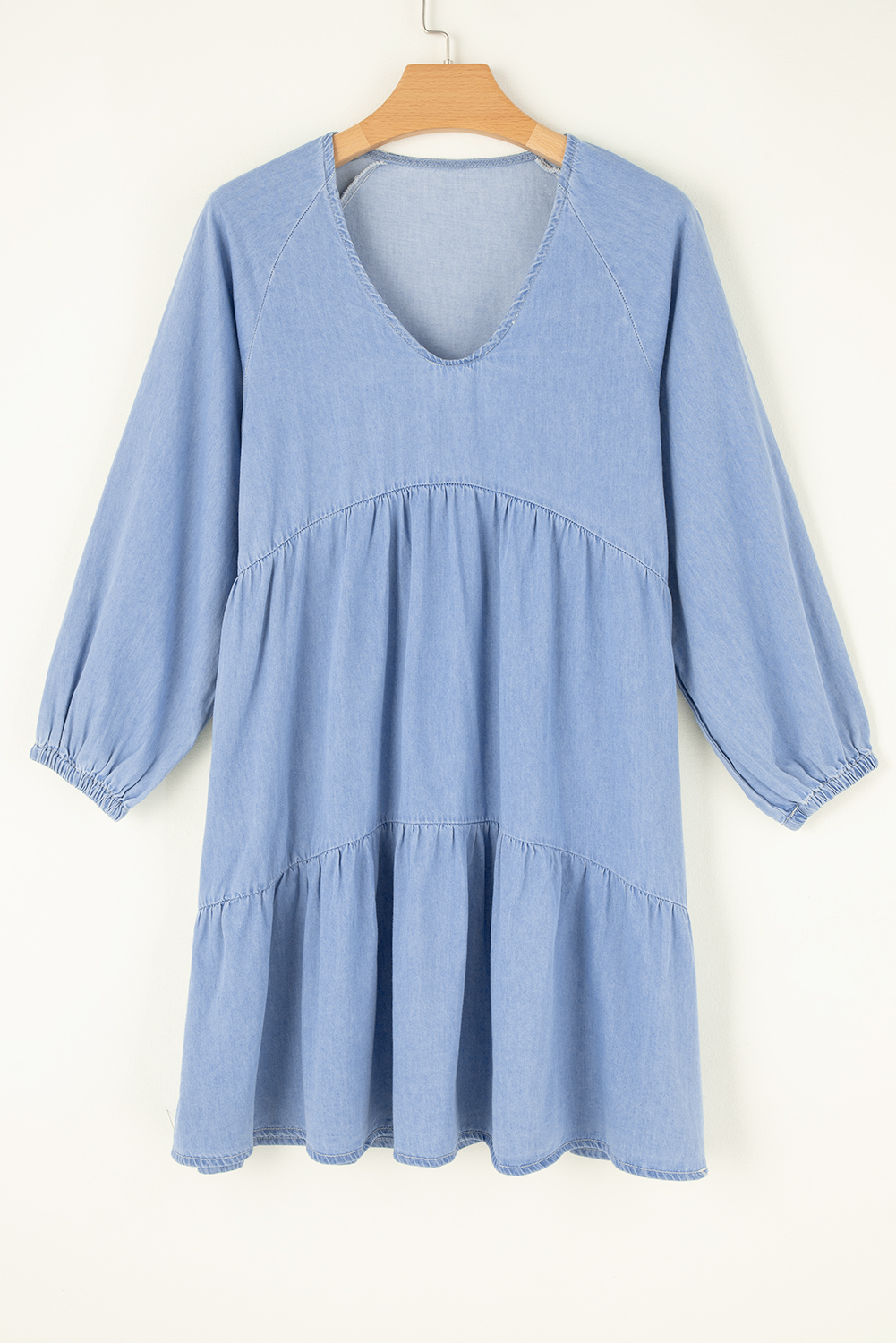 Beau Blue Puff Sleeve V Neck Tiered Ruffled Chambray Mini Dress - loveforevers