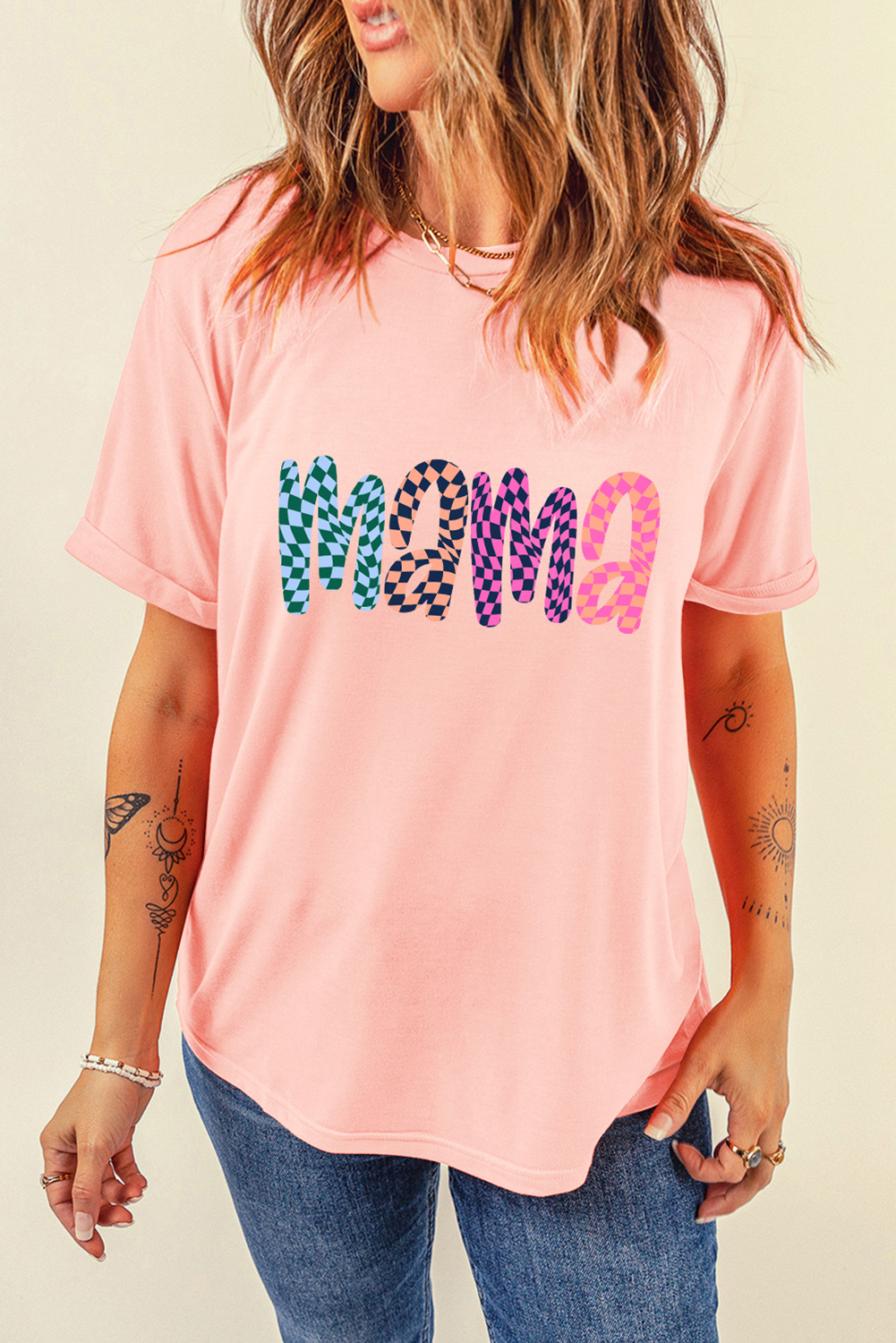 Pink Checkerboard mama Printed Crew Neck Tee - loveforevers