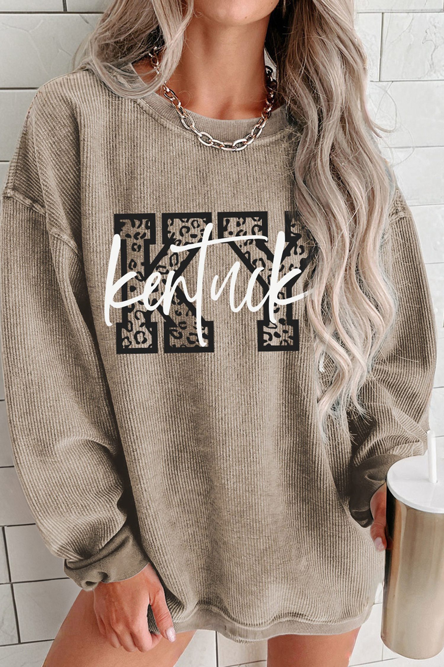 Khaki Kentucky KY Leopard Lettering Ribbed Baggy Sweatshirt - loveforevers
