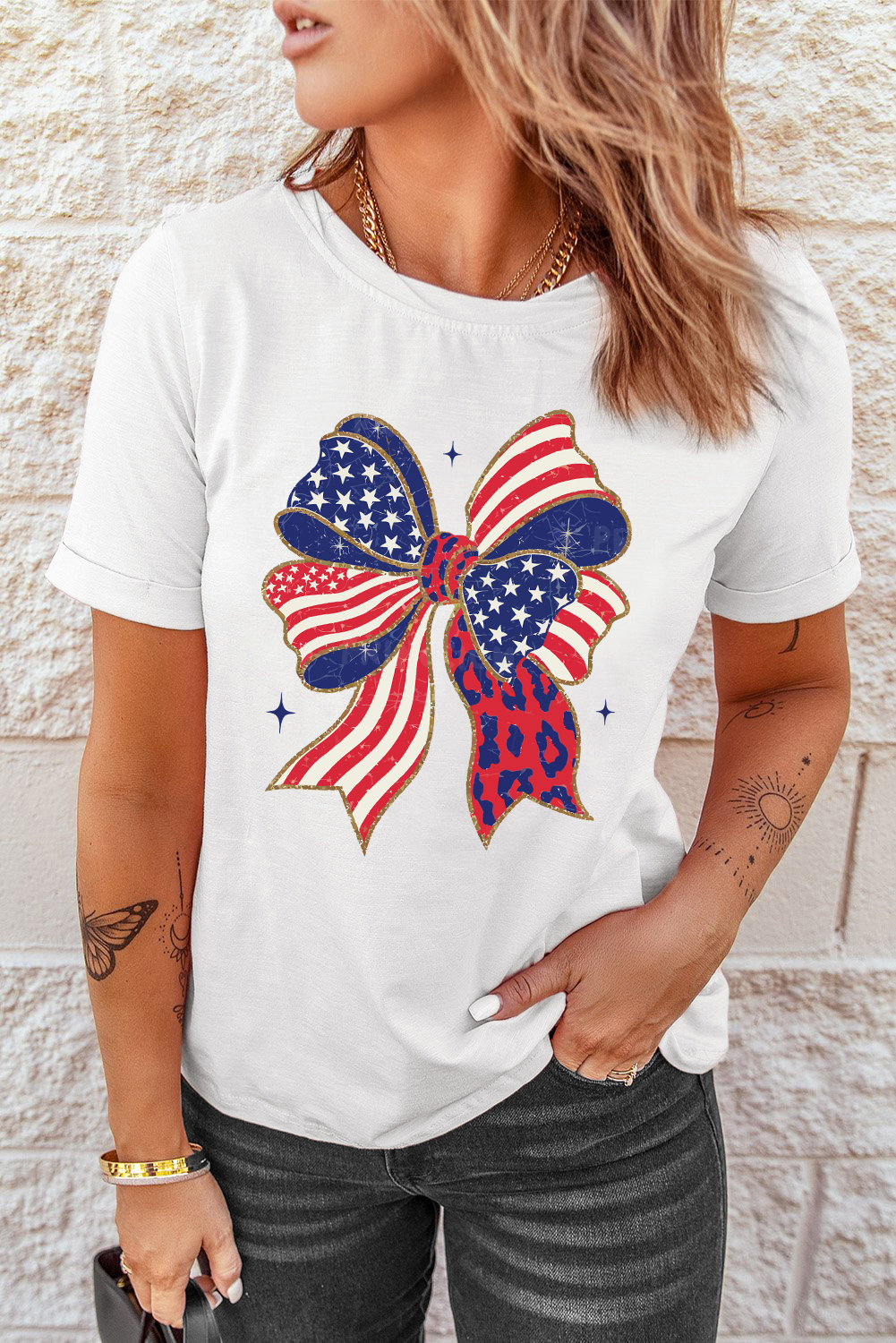 White Stars and Stripes Bow Print 4th of July T Shirt - loveforevers