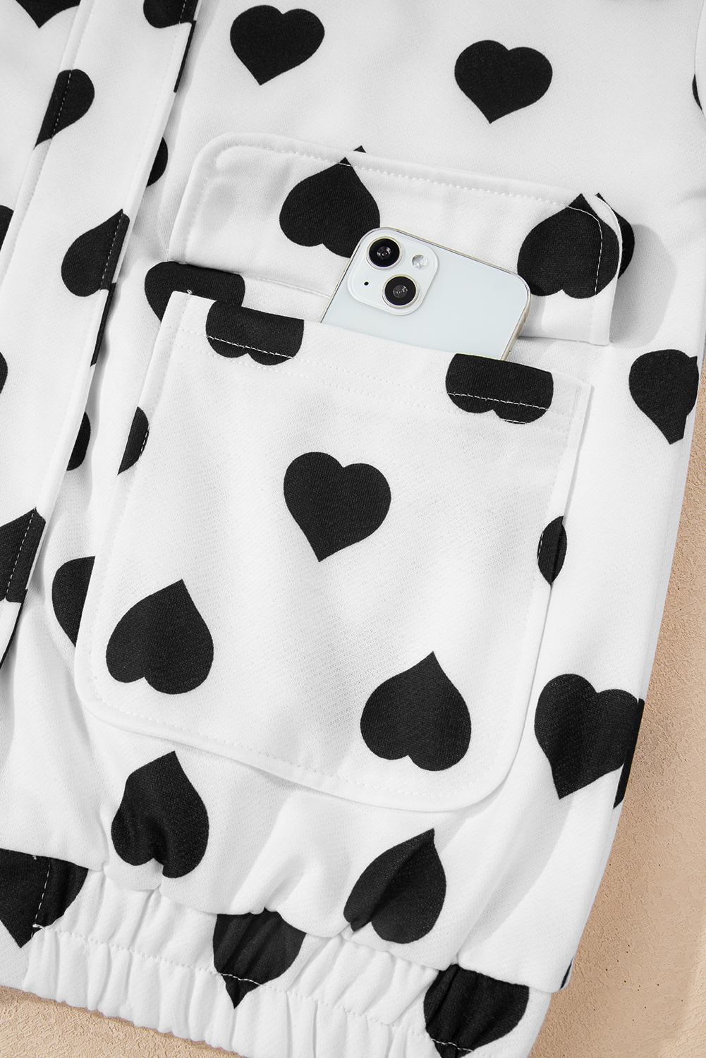 White Double Flap Pocket Heart Print Collar Zip Jacket - loveforevers