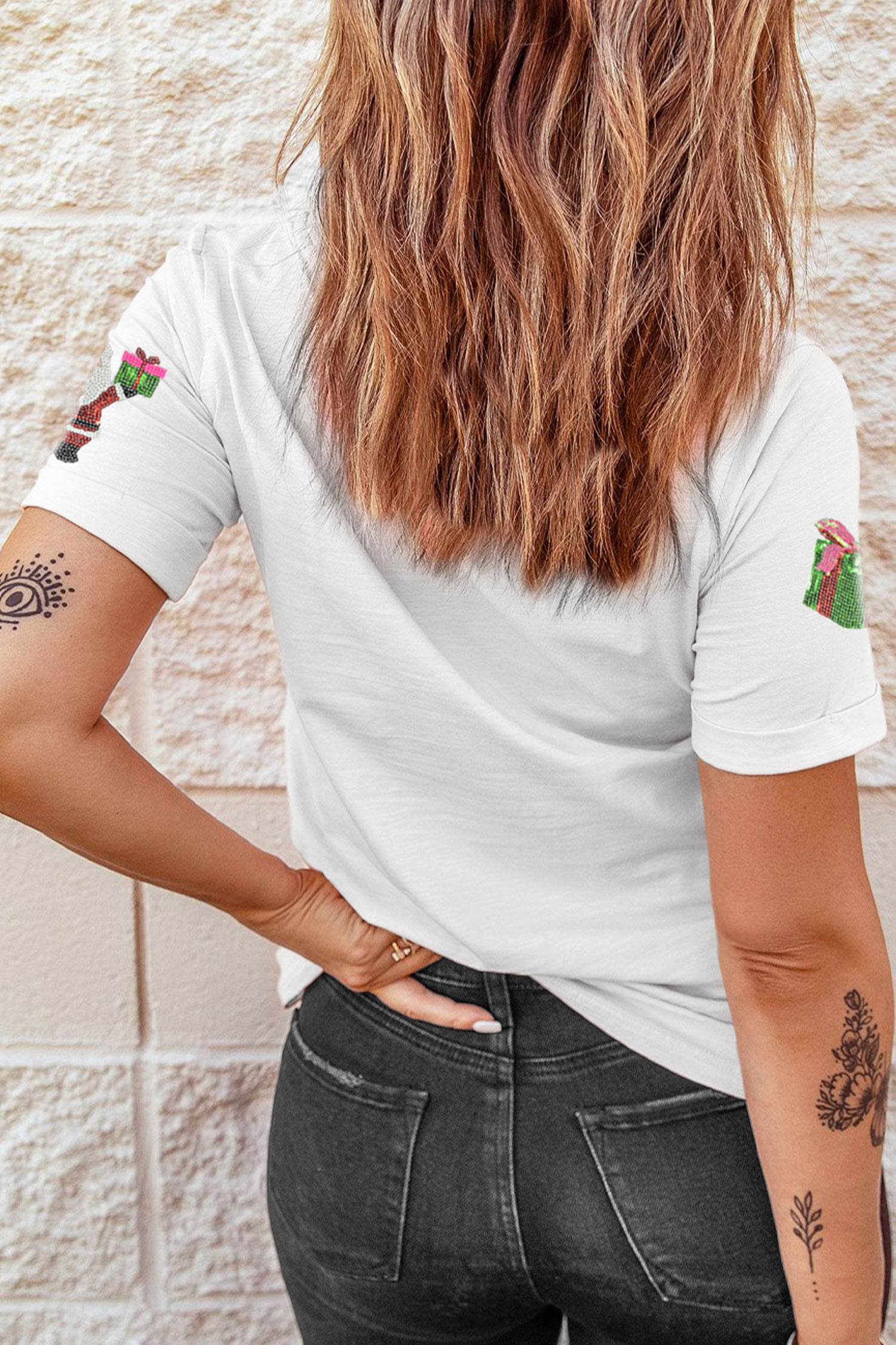 White Santa Deliver Gift Sequin Patched Christmas T Shirt - loveforevers