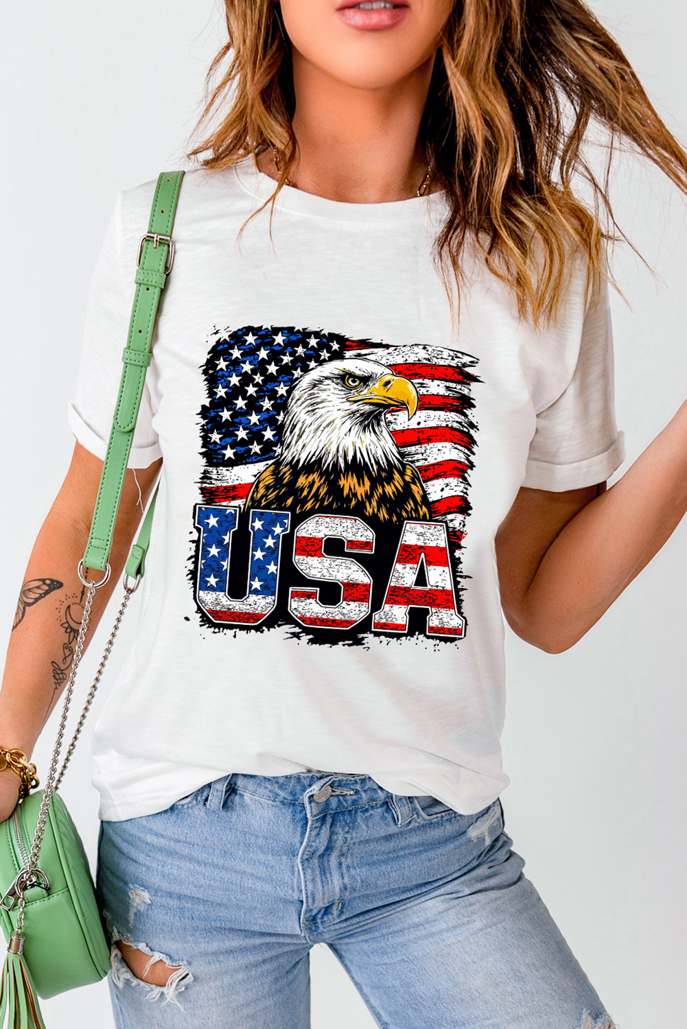 White USA Flag Eagle Graphic 4th July T Shirt - loveforevers