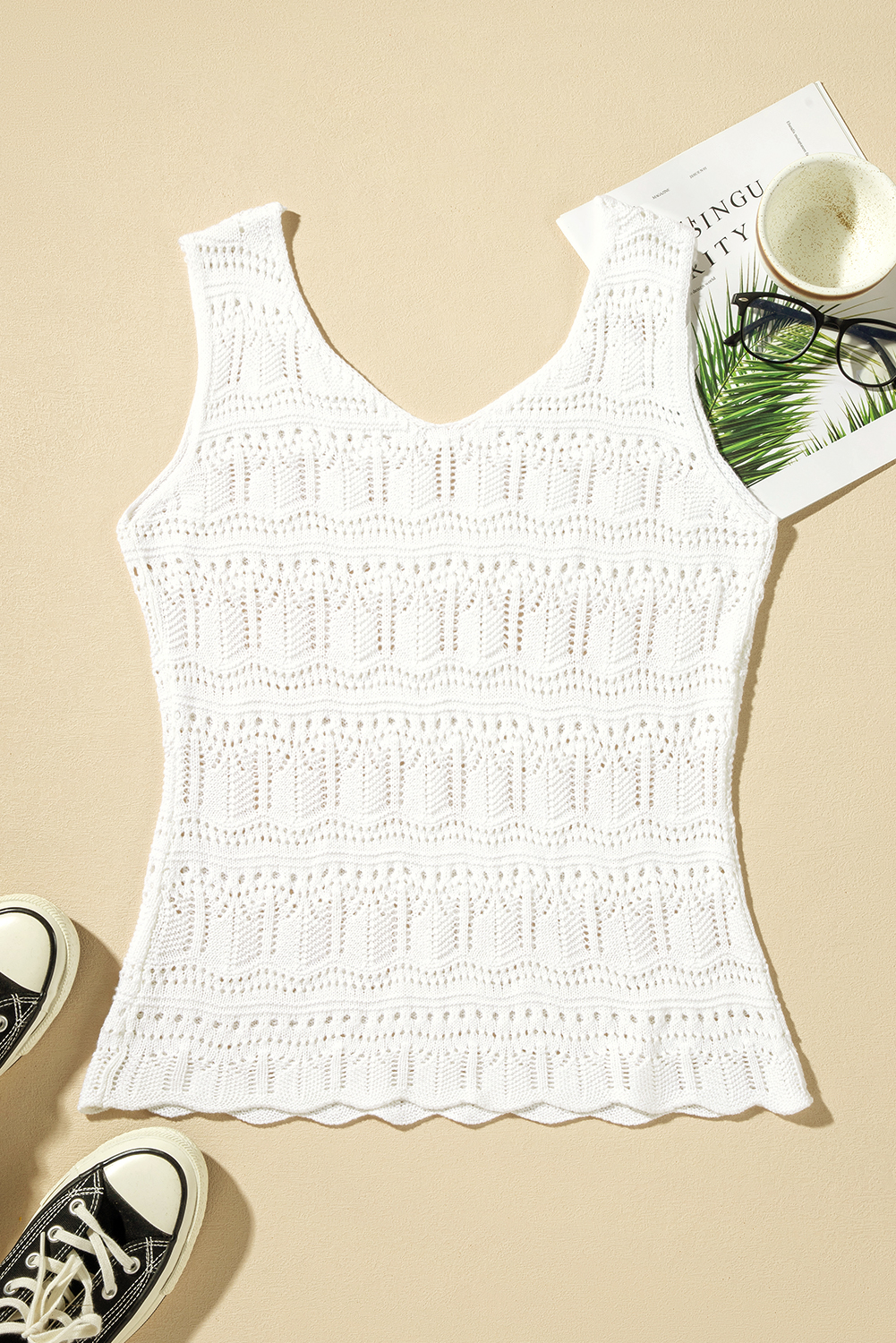 White V Neck Textured Hollow-out Sweater Vest - loveforevers