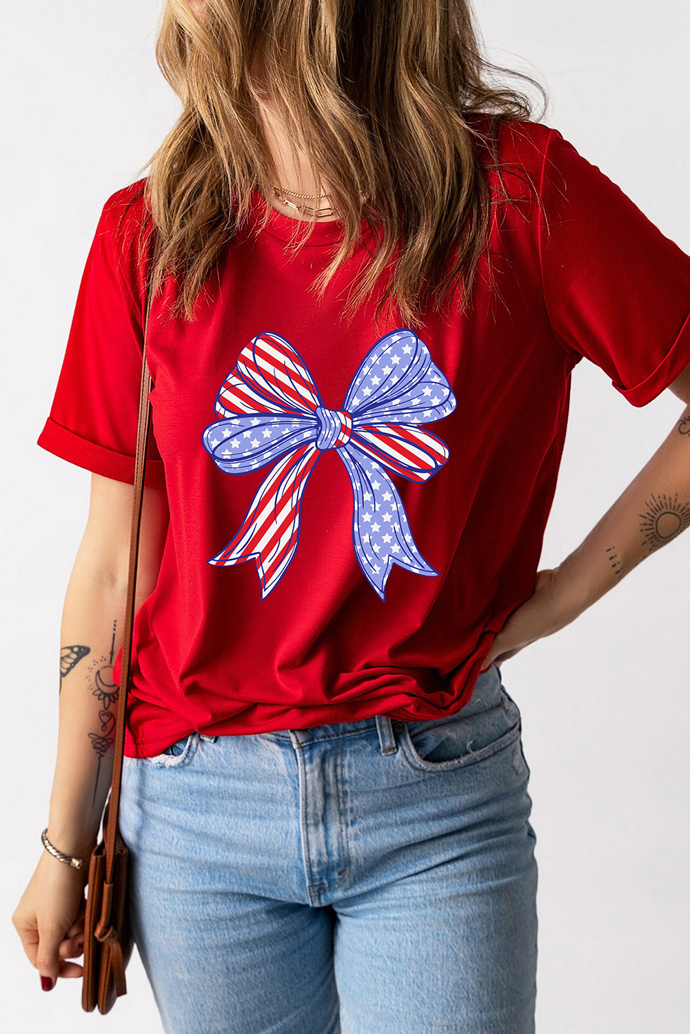 Red American Flag Bow Knot Print Crew Neck T Shirt - loveforevers