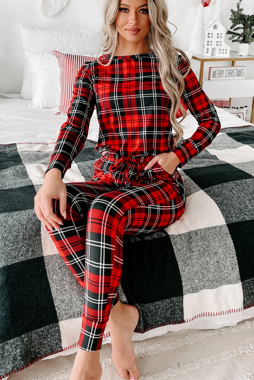 Red Festive Plaid Print Round Neck Long Sleeve and Pants 2 Piece Lounge Set - loveforevers