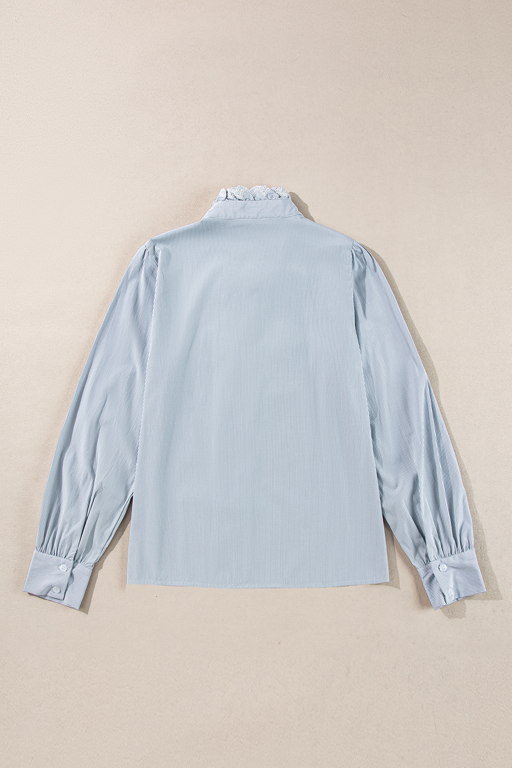 Sky Blue Stripe Frilled Trim Button Up Long Sleeve Shirt - loveforevers