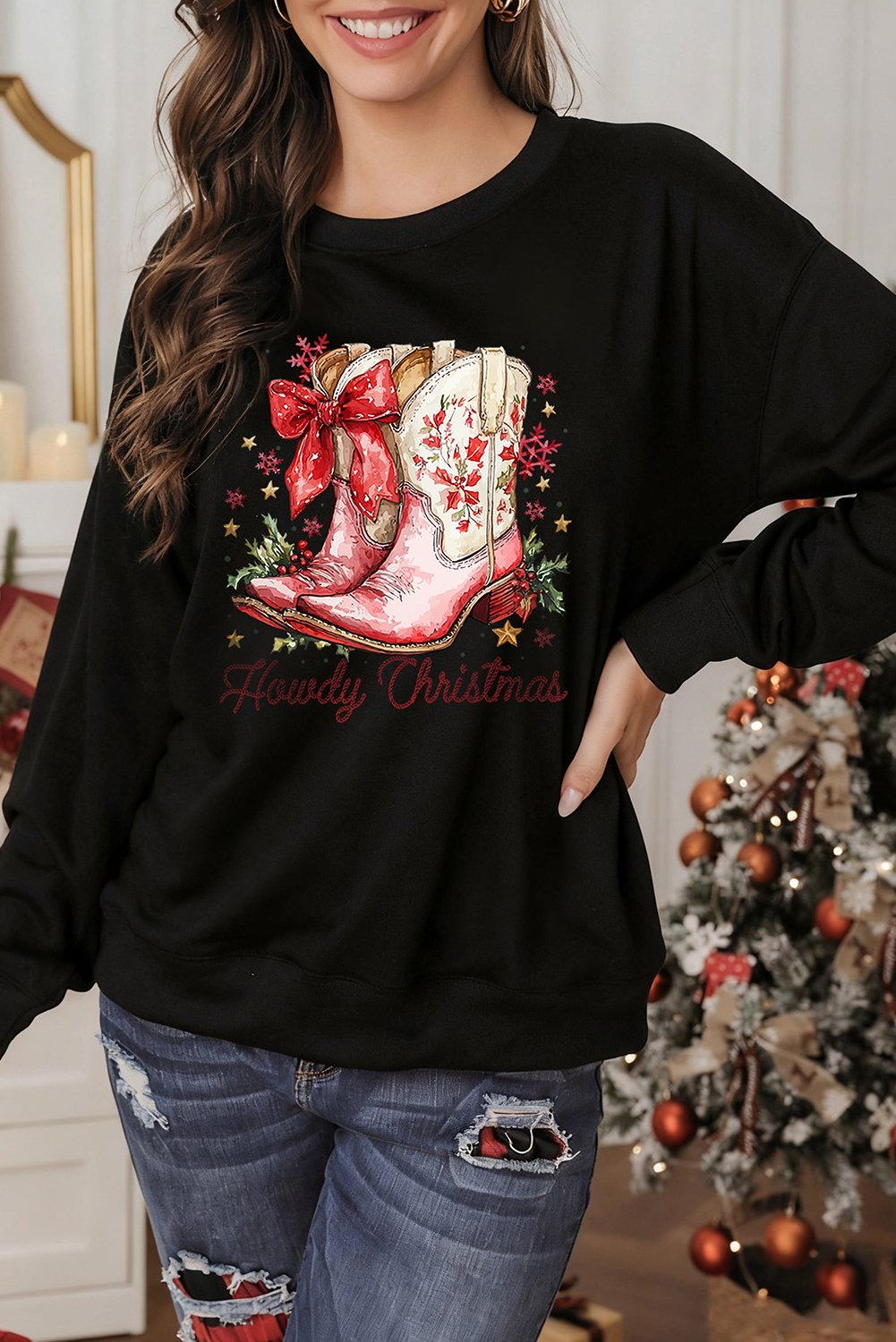 Black Howdy Christmas Cowgirls Boots Printed Baggy Sweatshirt - loveforevers