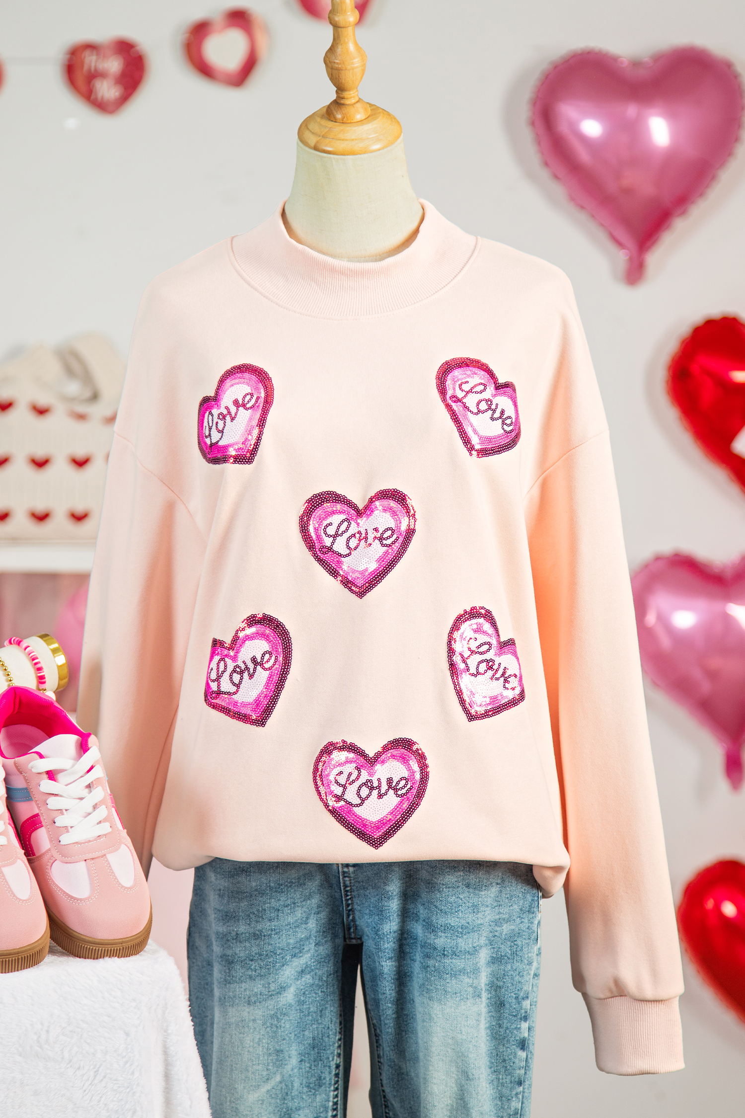 Apricot Pink Sequin Love Heart Patched Mock Neck Sweatshirt - loveforevers