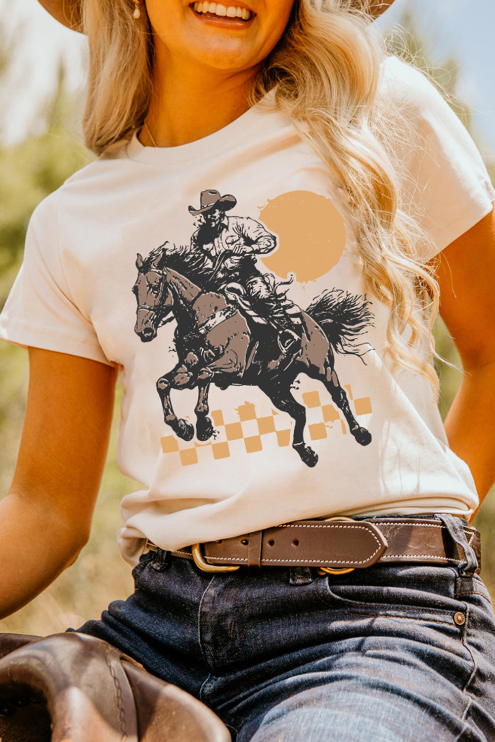 White Sunset Cowboy Print Western Fashion T Shirt - loveforevers