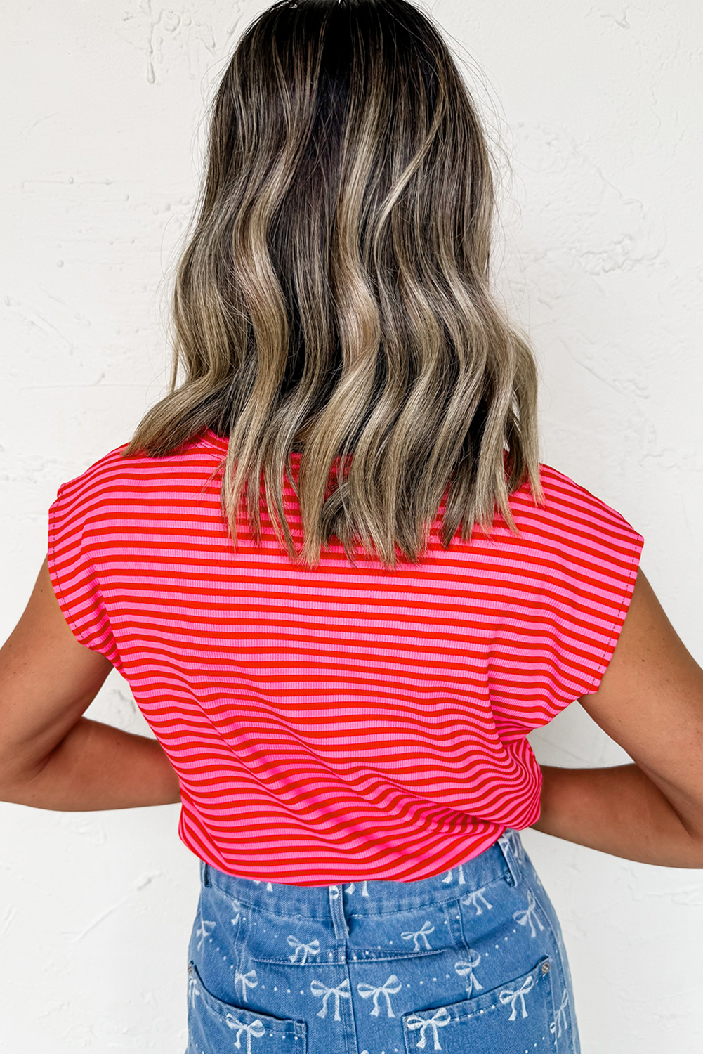 Sky Blue Stripe Ribbed Cap Sleeve Round Neck T Shirt - loveforevers