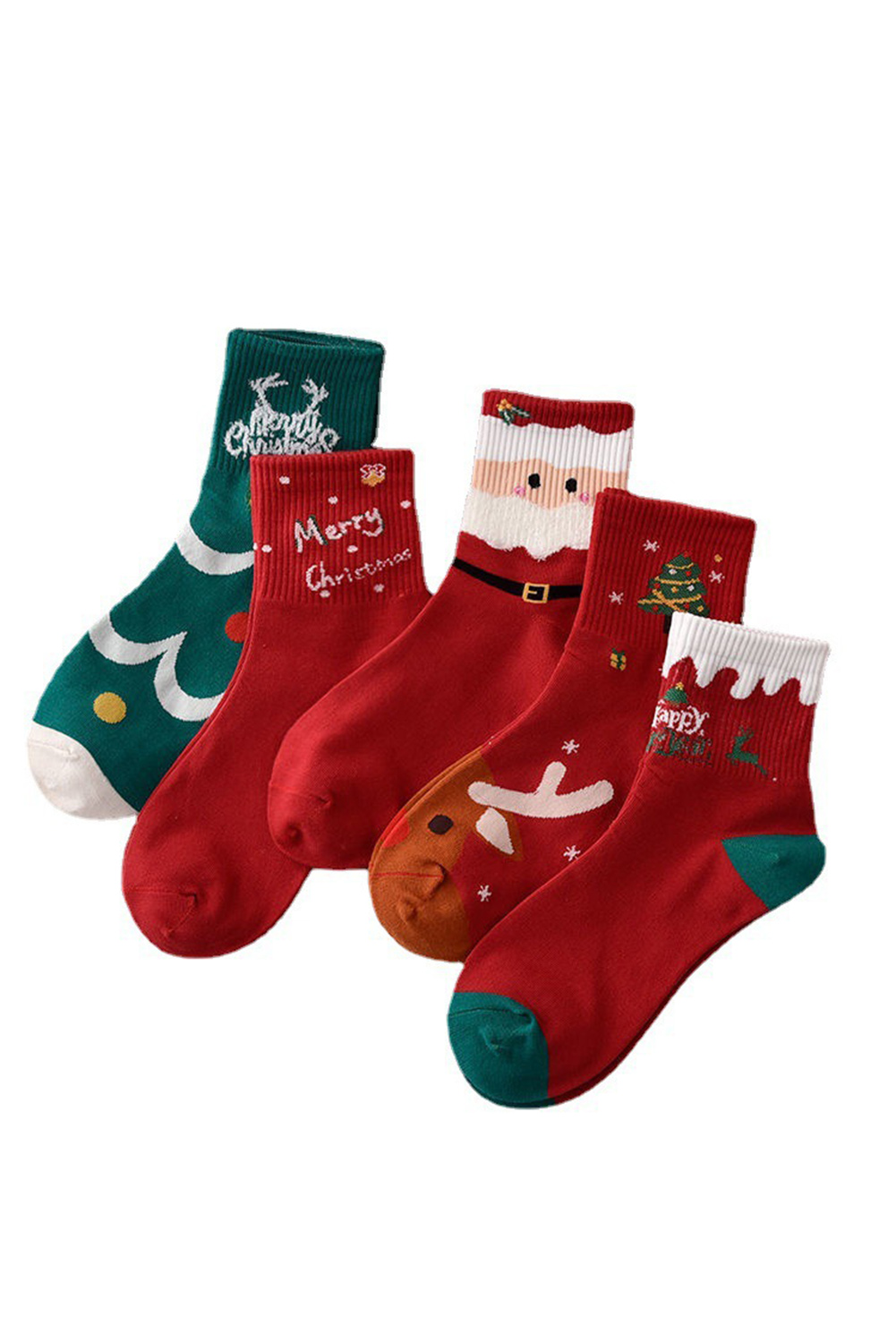 Fiery Red 5 Pairs Festive Merry Christmas Cartoon Print Socks - loveforevers