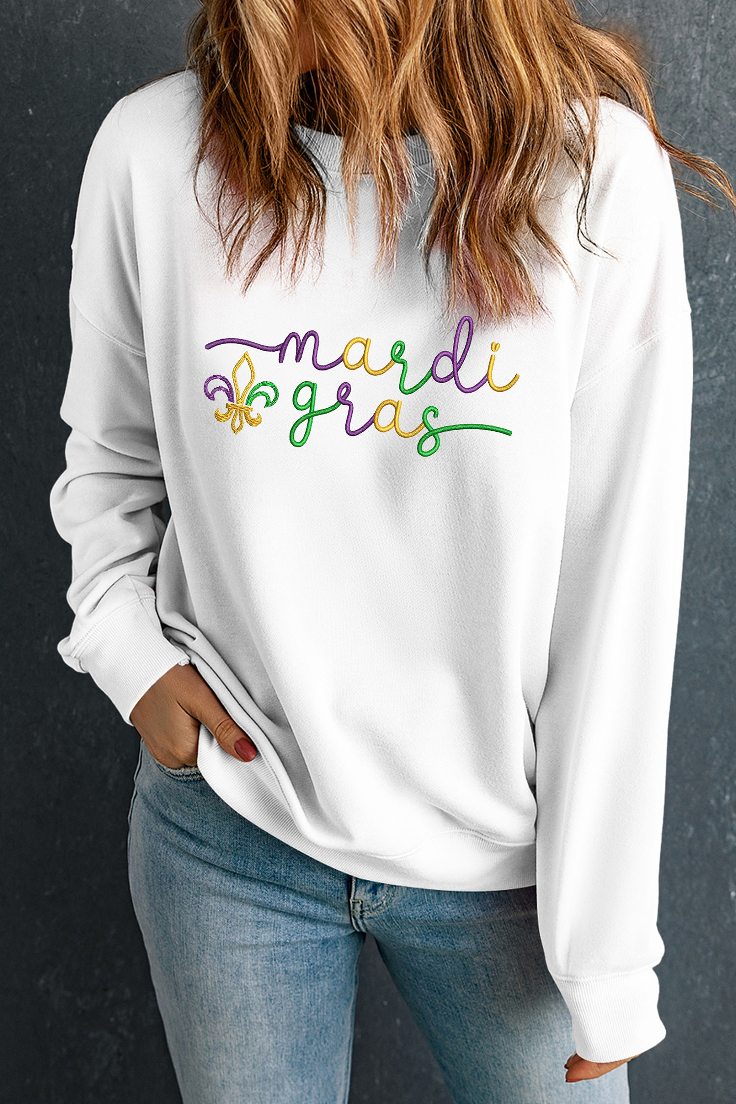 White mardi gras Fleur De Lis Embroidered Graphic Pullover Sweatshirt - loveforevers