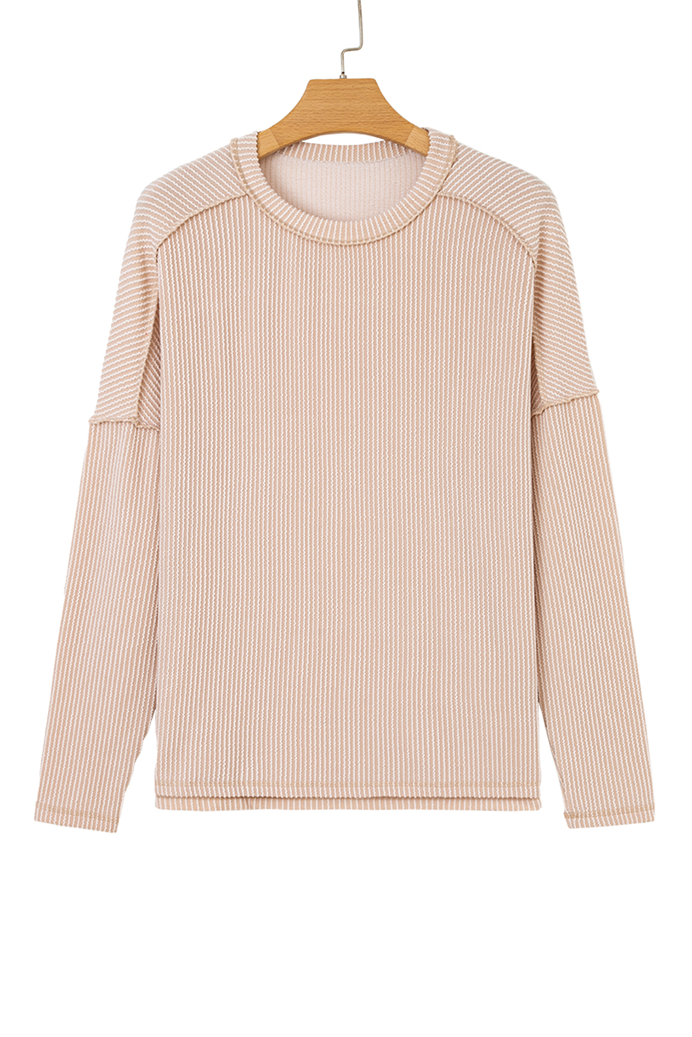 Dark Khaki Twist Ribbed Exposed Seam Detail Long Sleeve Loose Top - loveforevers