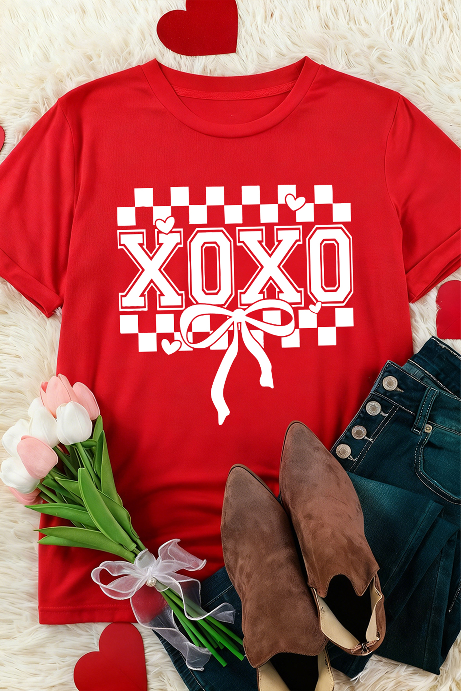 Red XOXO Checkered Ribbon Bow Print Valentines Day T Shirt - loveforevers
