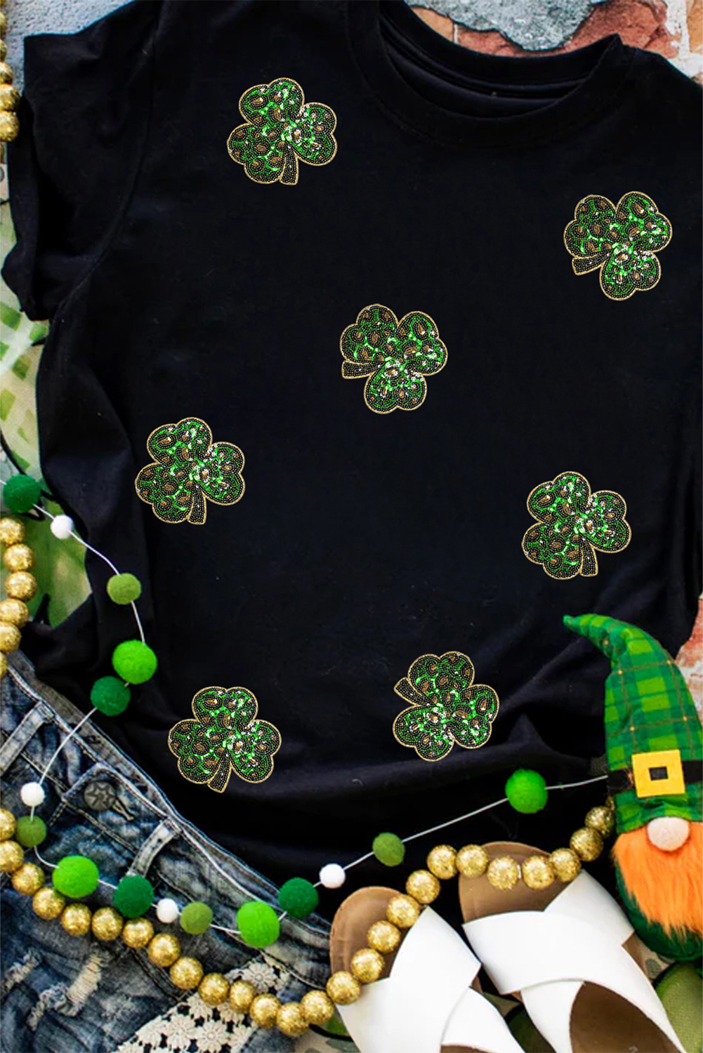 Black Sequin Leopard Clover Graphic Crewneck St Patrick Tee - loveforevers
