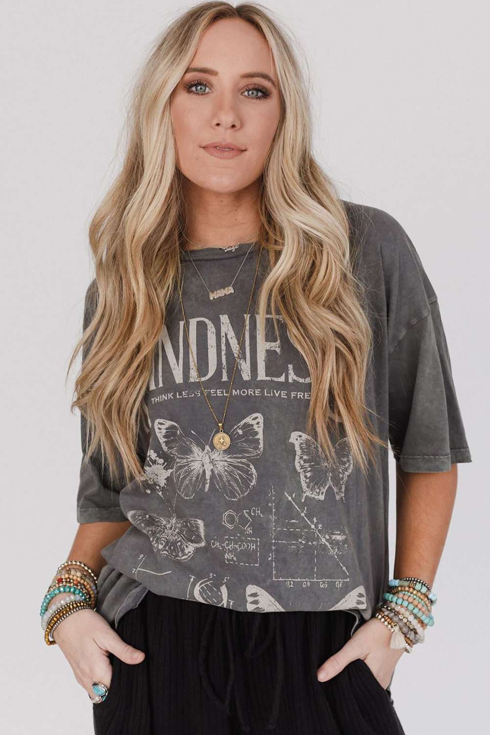 Dark Grey Kindness Butterflies Graphic Mineral Wash Loose Tee - loveforevers