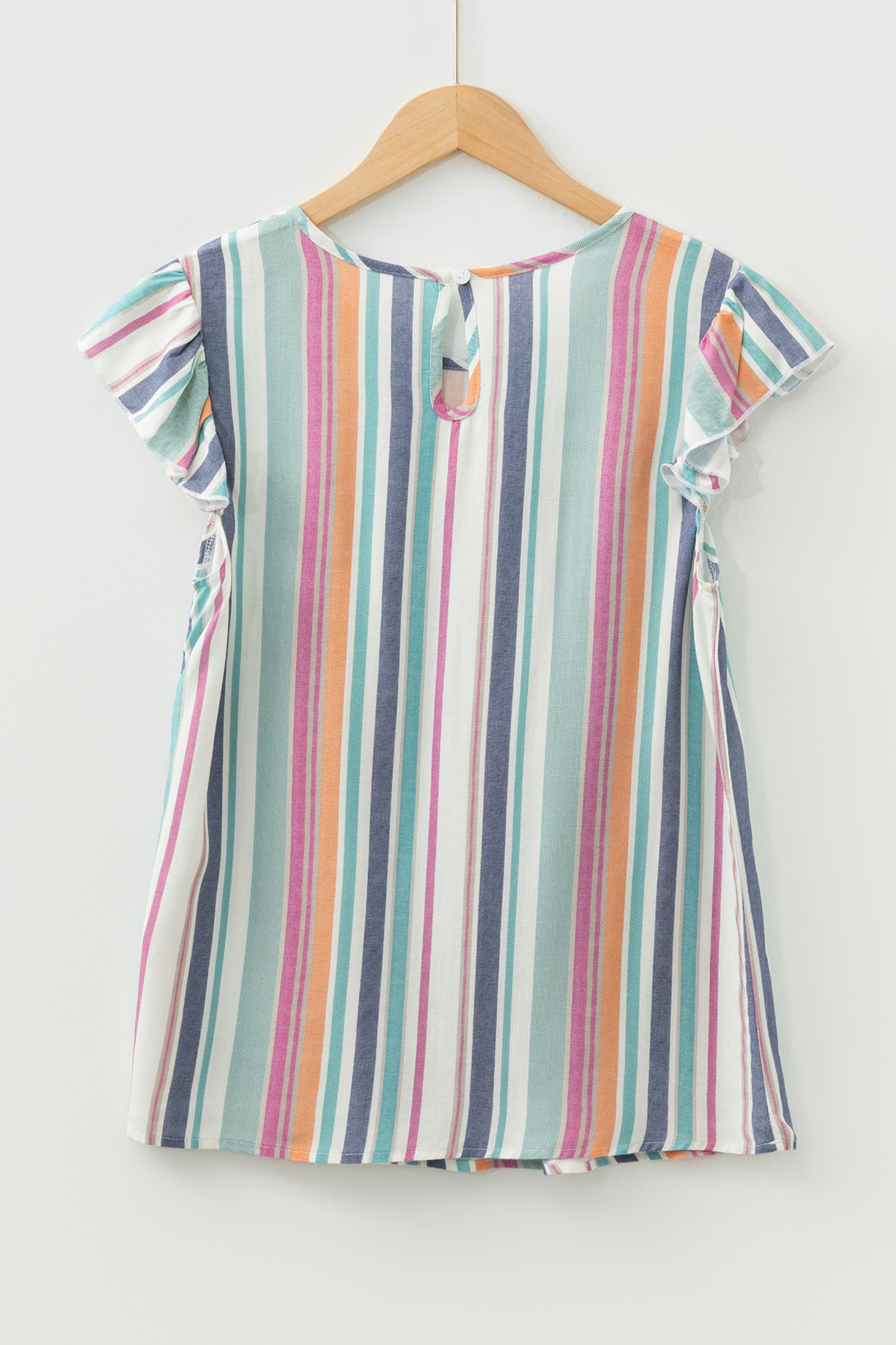 Light Blue Lace Hollow-out Insert Flutter Sleeve Striped Blouse - loveforevers