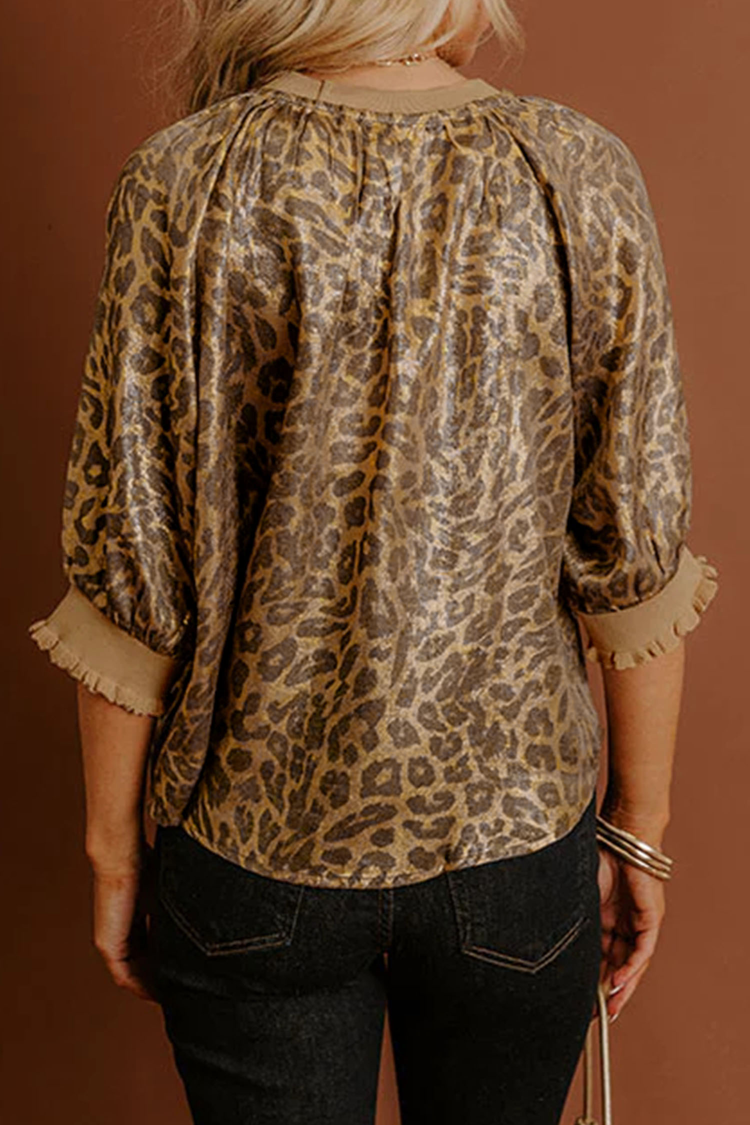 Gold  Half Sleeve Metallic Leopard Print Blouse - loveforevers