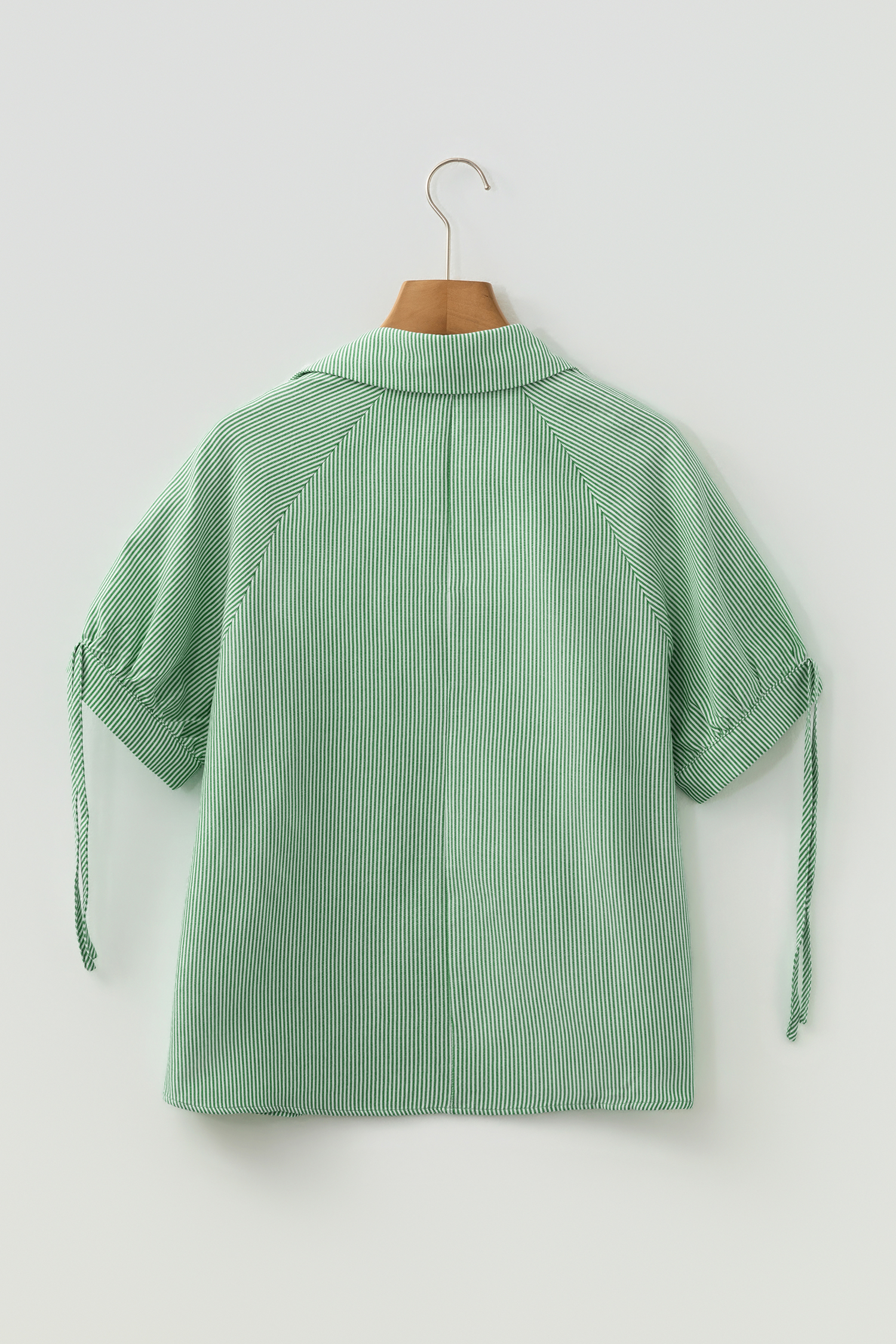 Mint Green Striped Print Collared Split Neck Half Sleeve Blouse - loveforevers