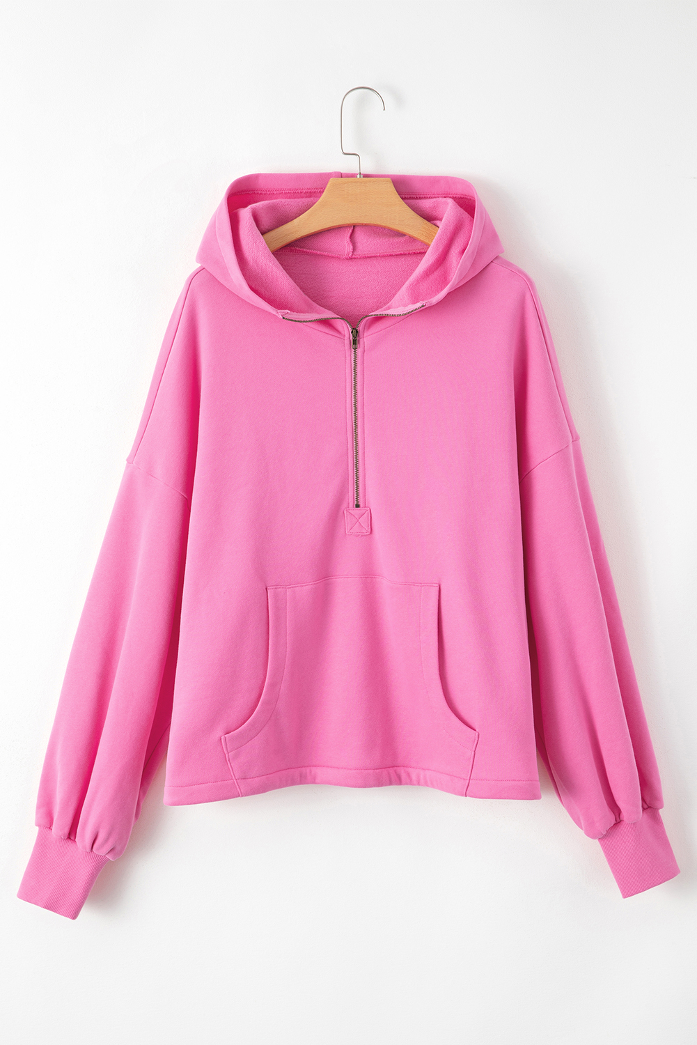 Bonbon Fleece Lined Half Zipper Kangaroo Pockets Loose Hoodie - loveforevers