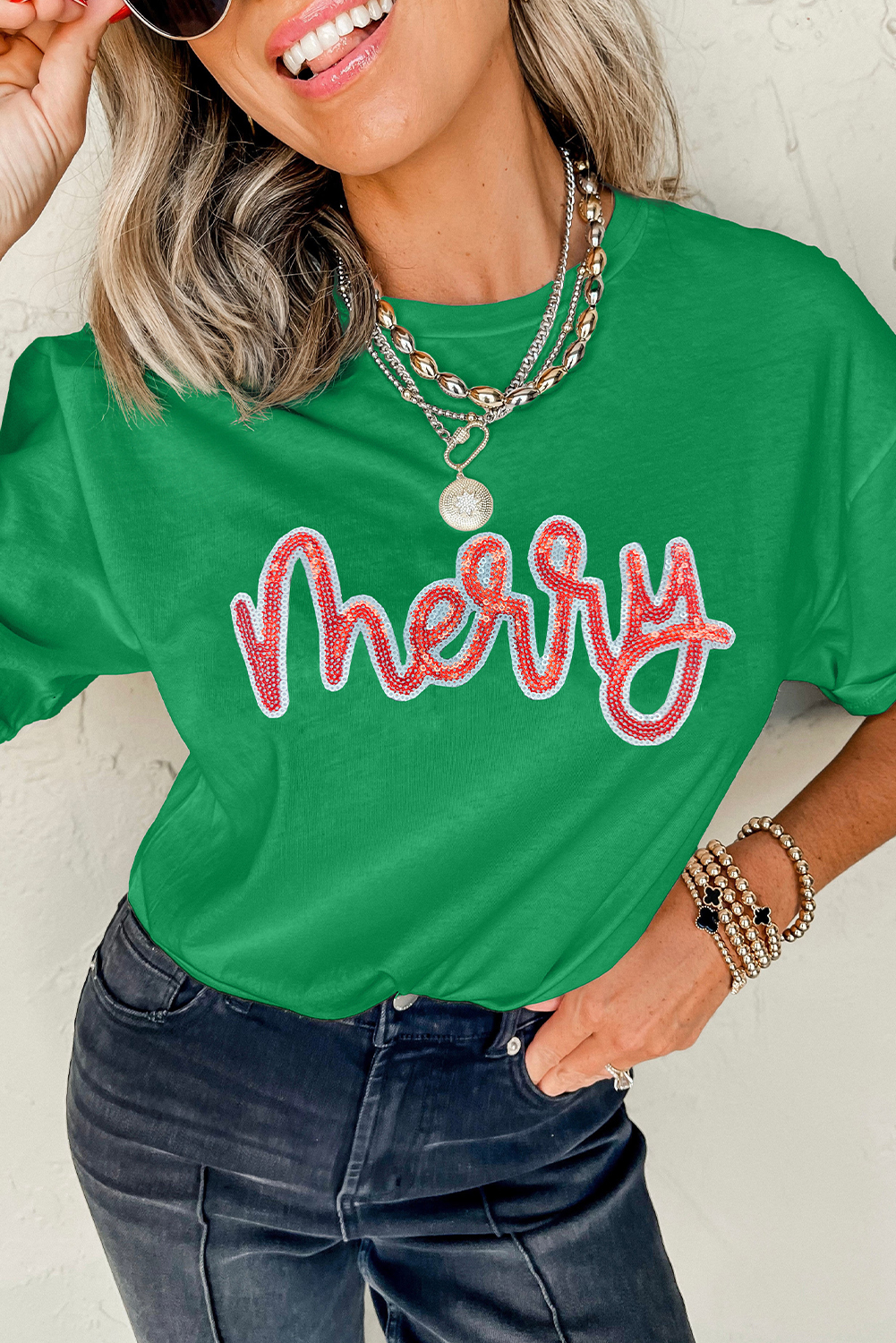 Bright Green merry Sequin Letter Graphic Cotton Blend Tee - loveforevers