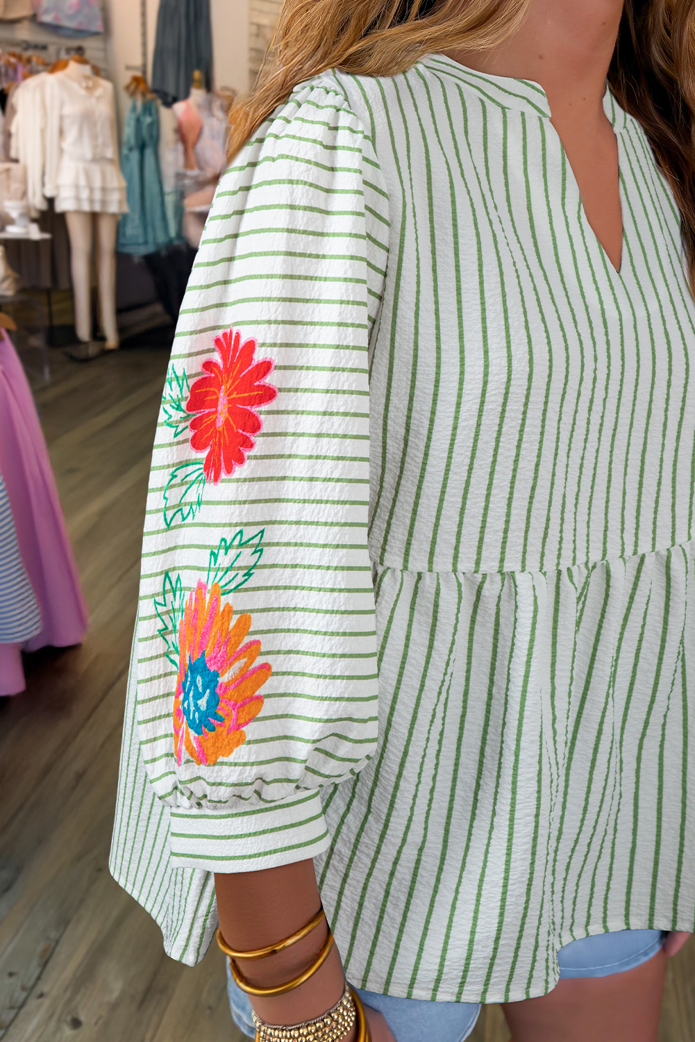 Green Stripe Flower Puff Sleeve Notched V Neck Babydoll Blouse - loveforevers