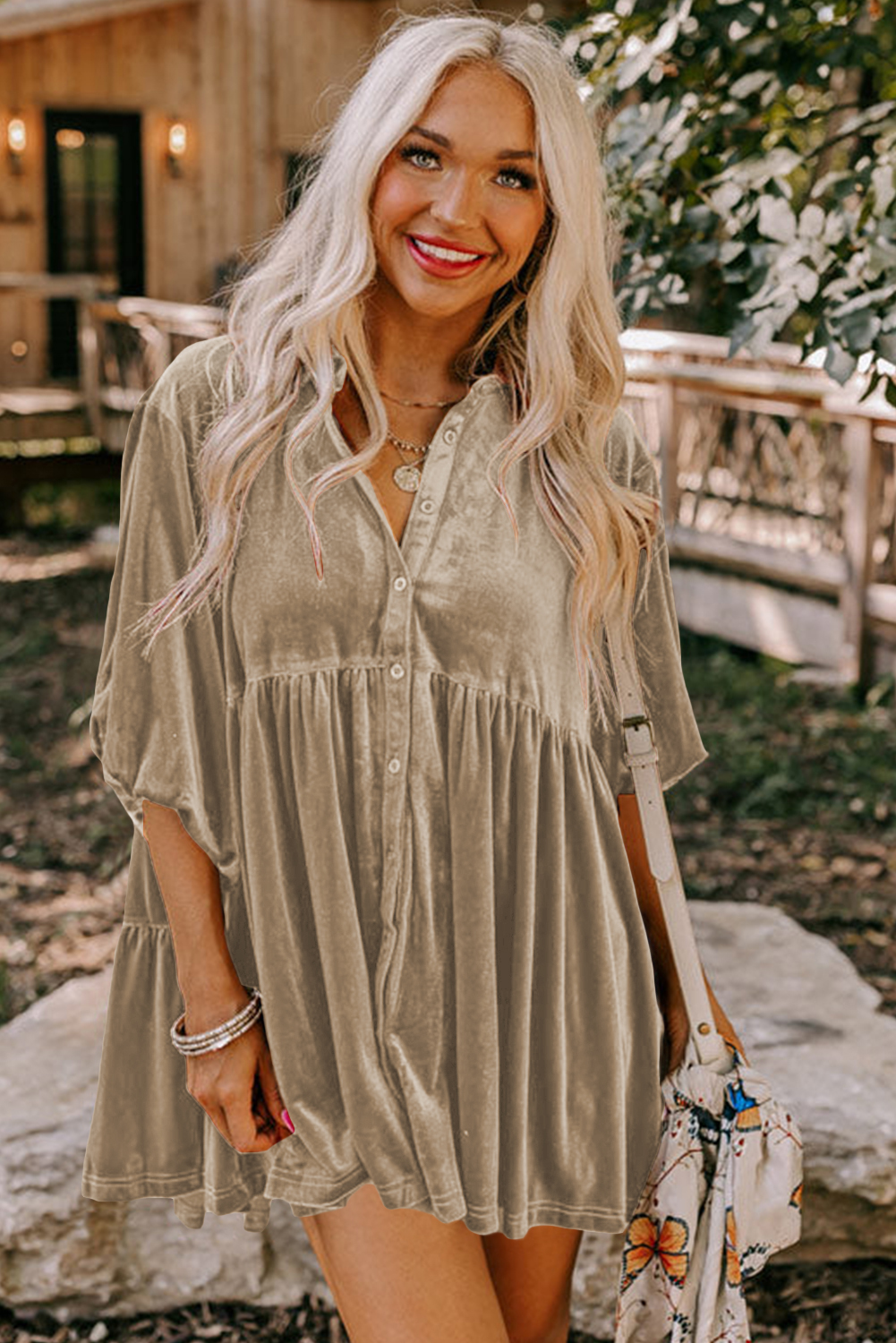 Burgundy 3/4 Sleeve Tunic Babydoll Velvet Shirt - loveforevers