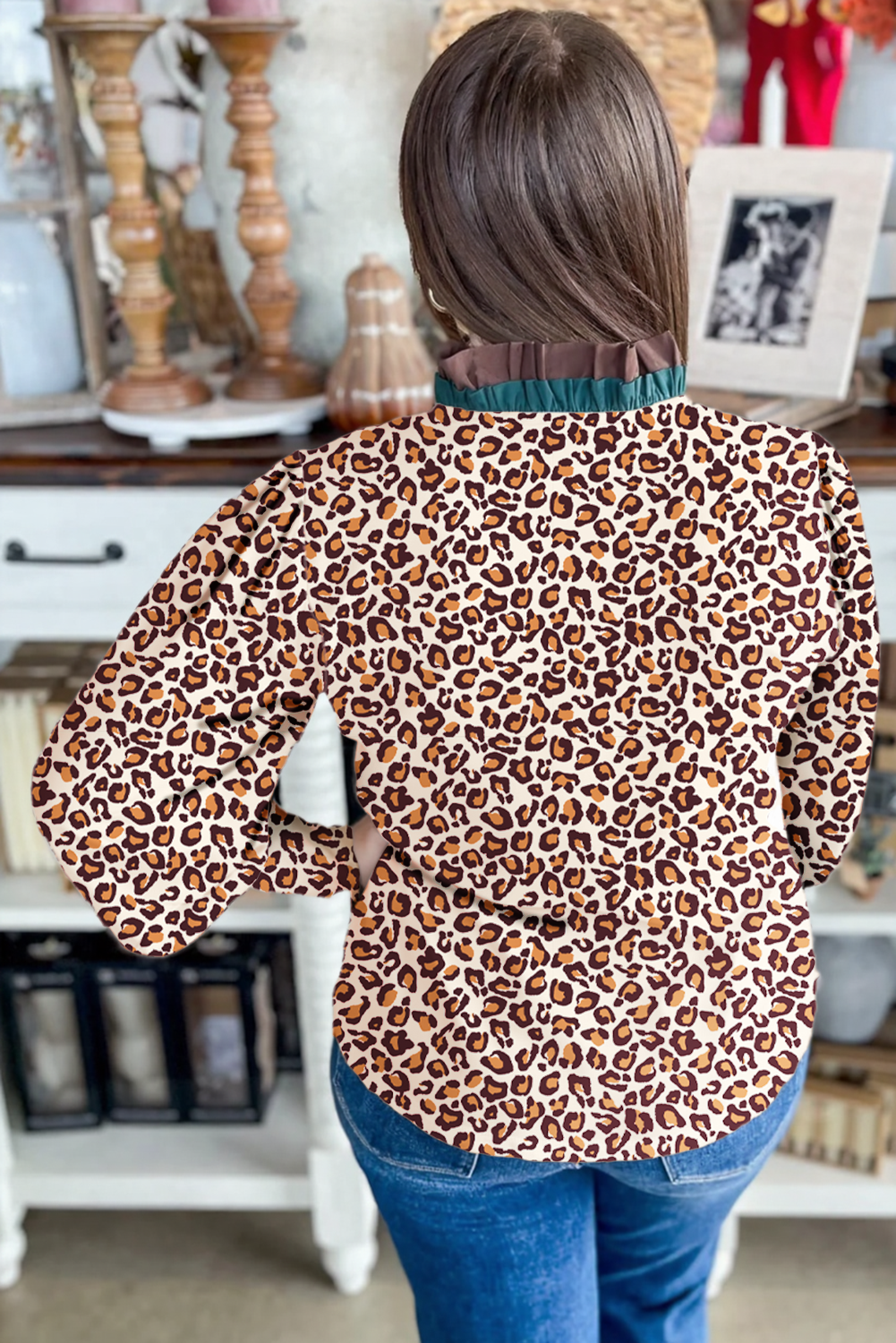 Brown Leopard Print Contrast Frilled Trim Button Down V Neck Shirt - loveforevers