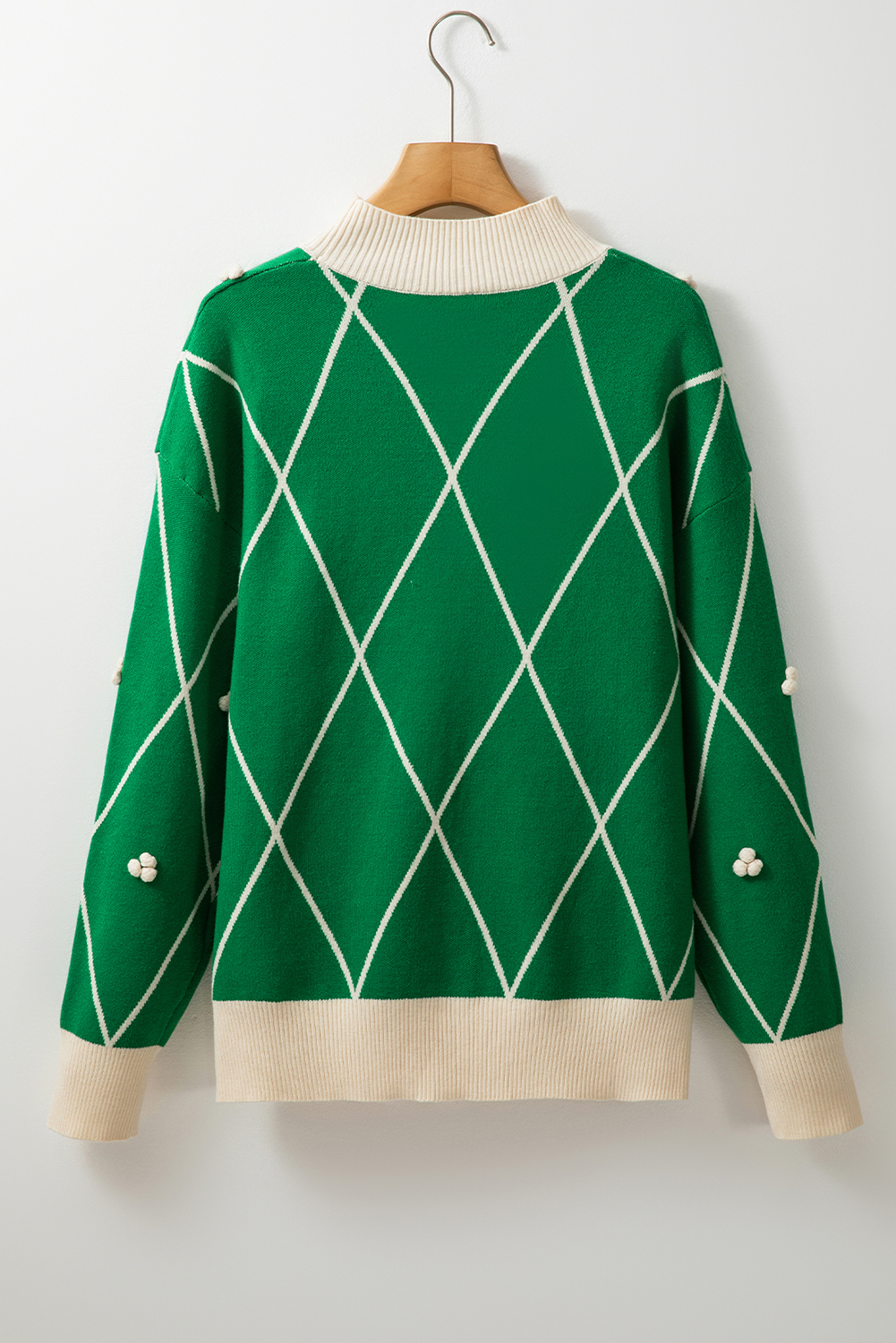 Dark Green Diamond Pattern Pom Accents Contrast Trim High Neck Sweater - loveforevers