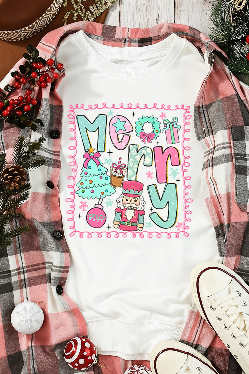 White Merry Christmas Fashion Print Cotton Blend Sweatshirt - loveforevers