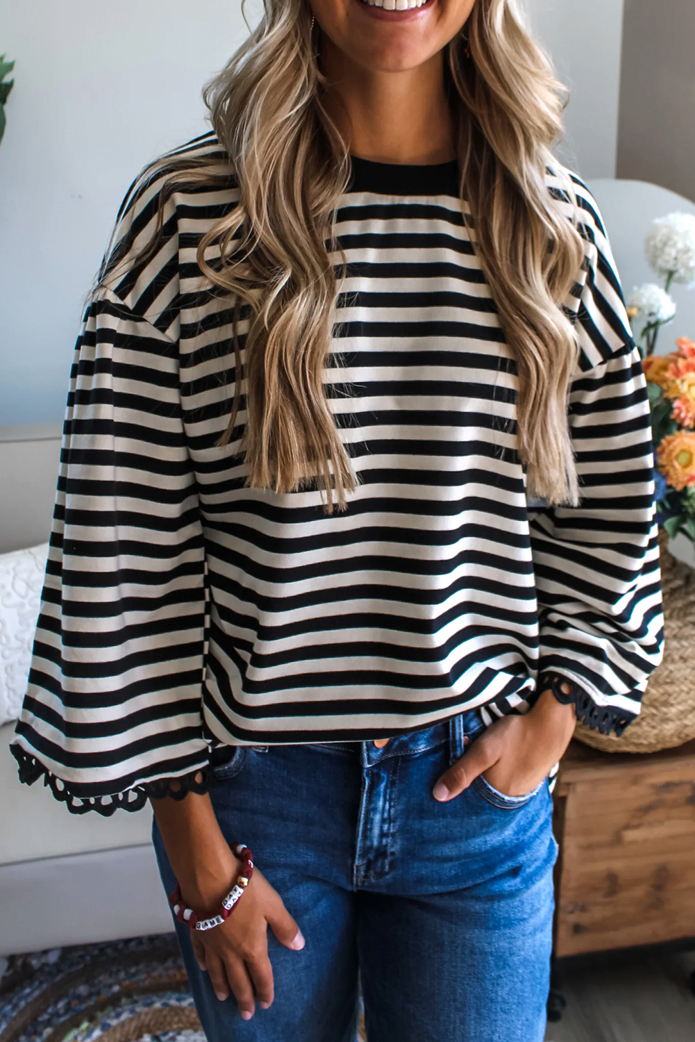 Racing Red Striped Print Drop Shoulder Lace Trim Bracelet Sleeve Loose Top - loveforevers