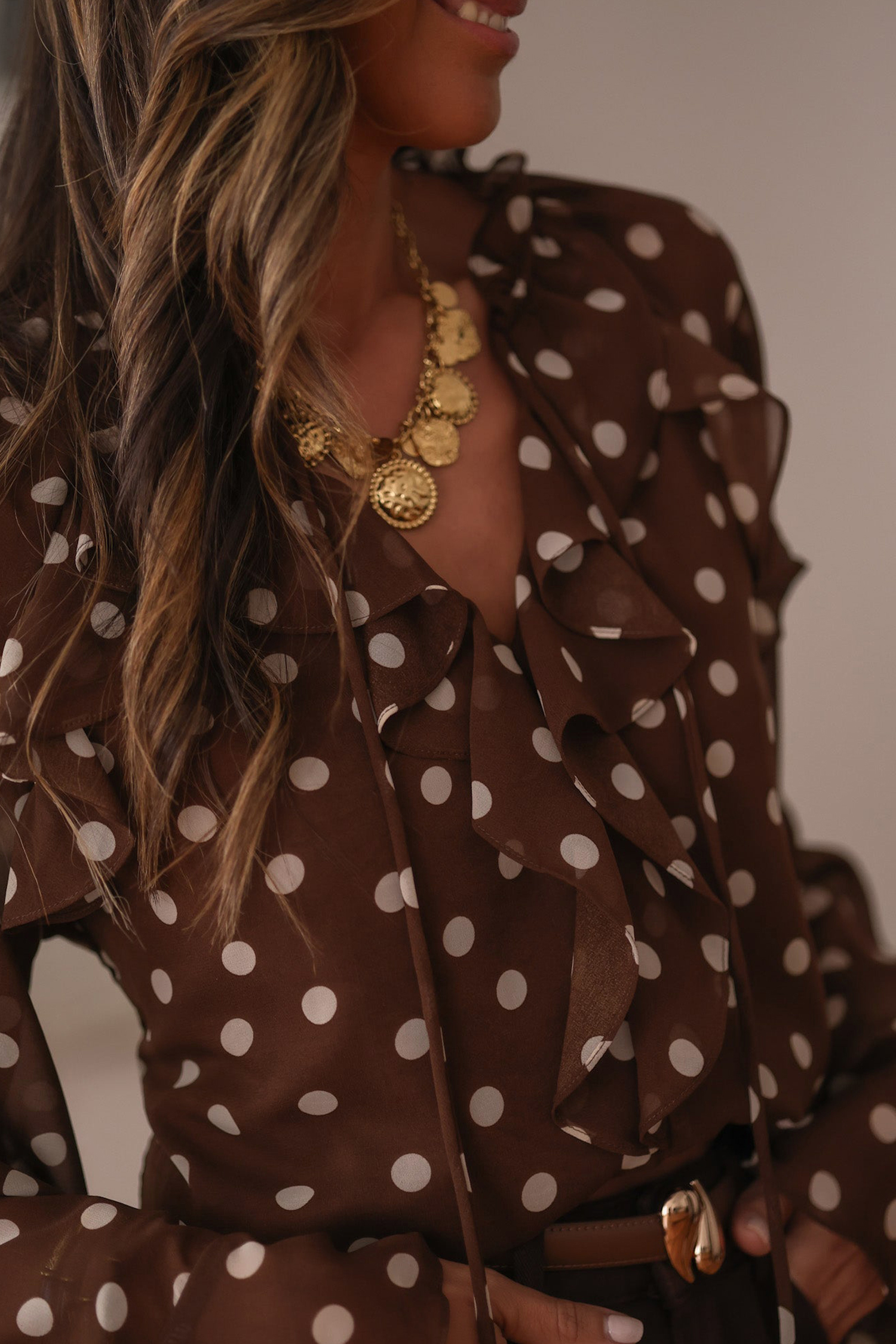 Coffee Polka Dot Print Ruffle Trim V Neck Long Bell Sleeve Blouse - loveforevers