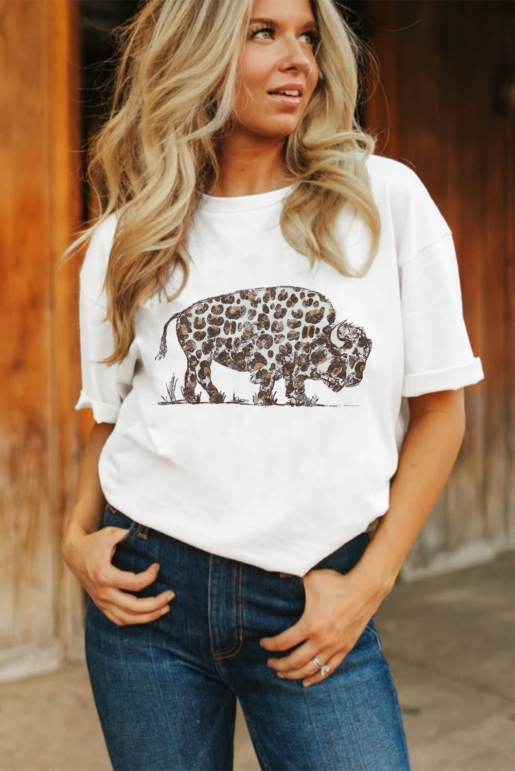 White Leopard Western Buffalo Graphic Tee - loveforevers
