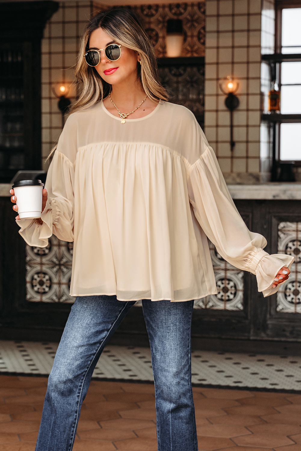 Parchment Pleated Ruffle Long Sleeve Chiffon Blouse - loveforevers