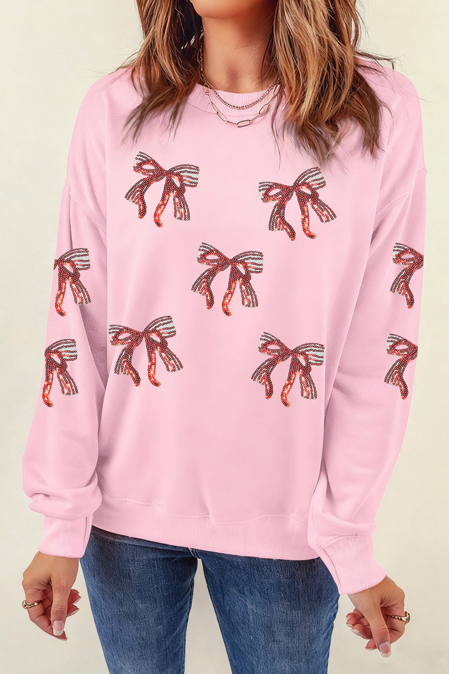 Pink Sequined Bow Pattern Drop Shoulder Loose Sweatshirt - loveforevers