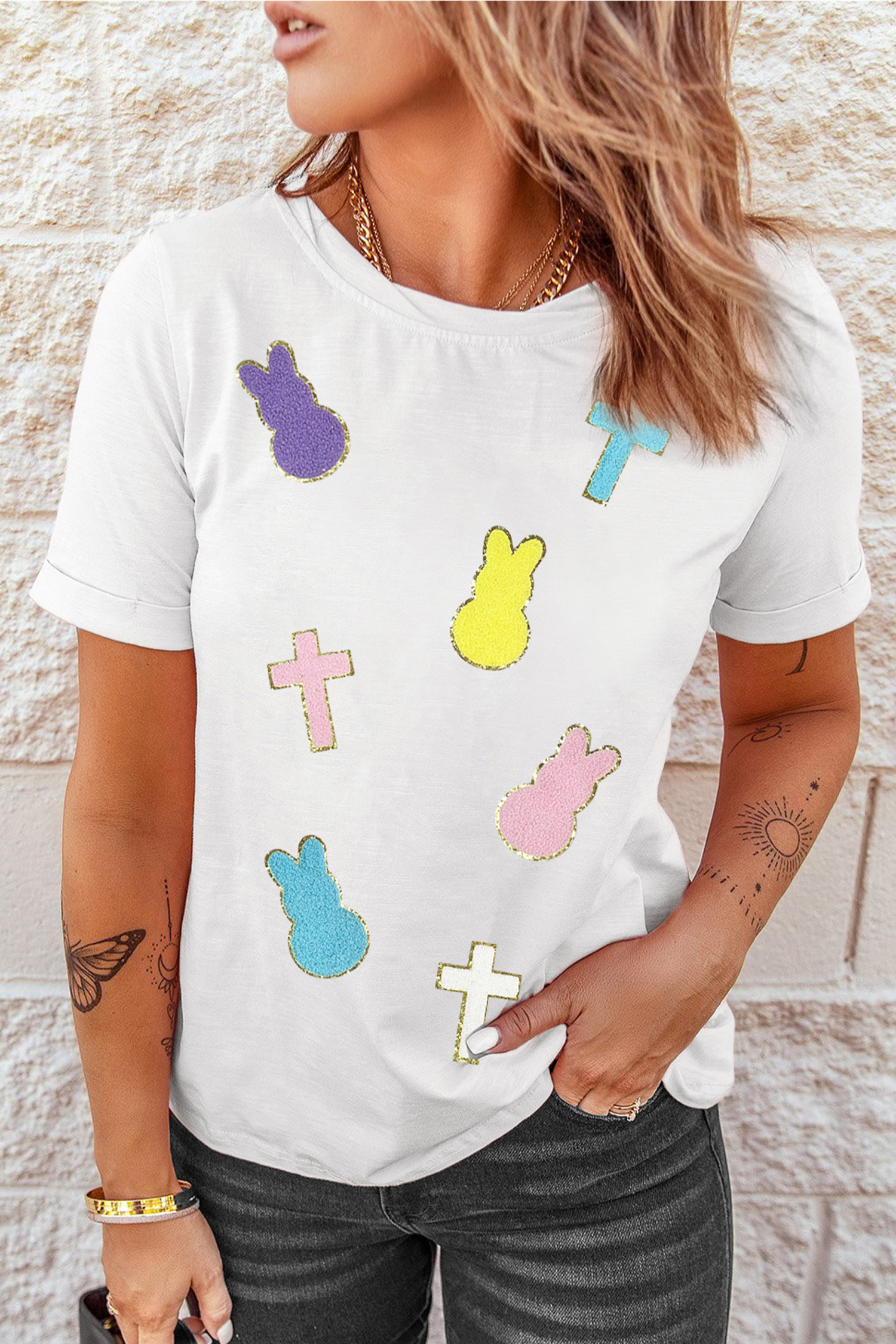 White Chenille Bunny Cross Patch Easter T Shirt - loveforevers